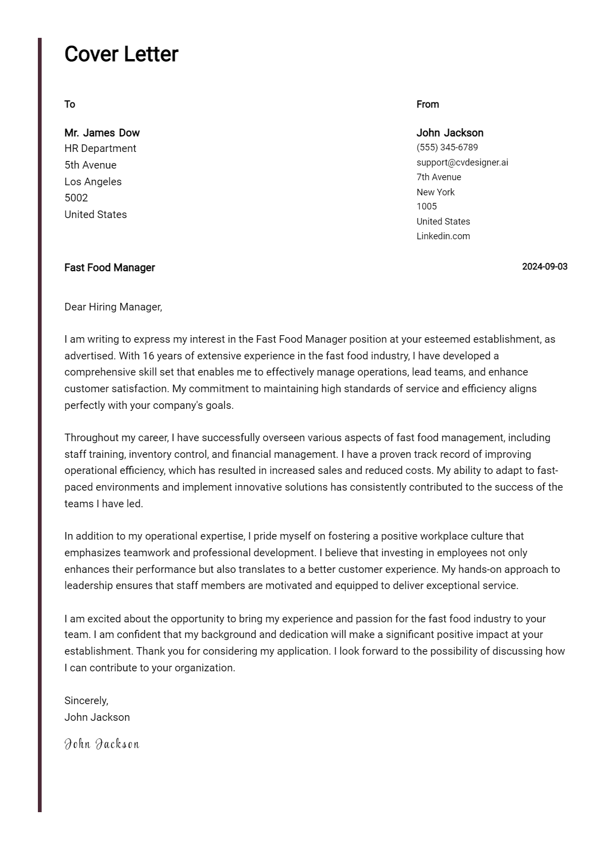 Fast Food Manager Cover Letter Examples and Templates for 2026 Preview