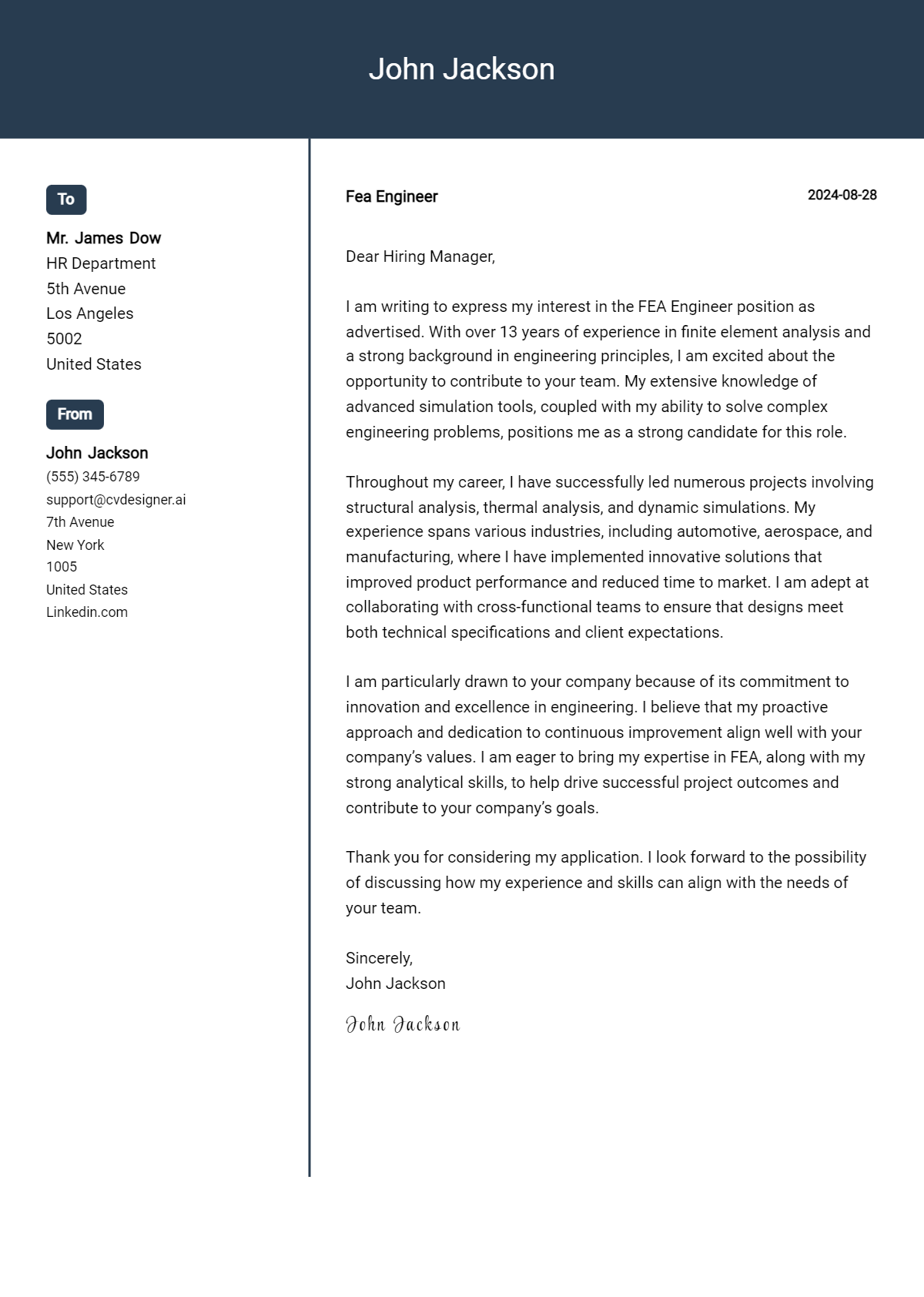 Fea Engineer Cover Letter Example for 2026 (Free Templates) Preview