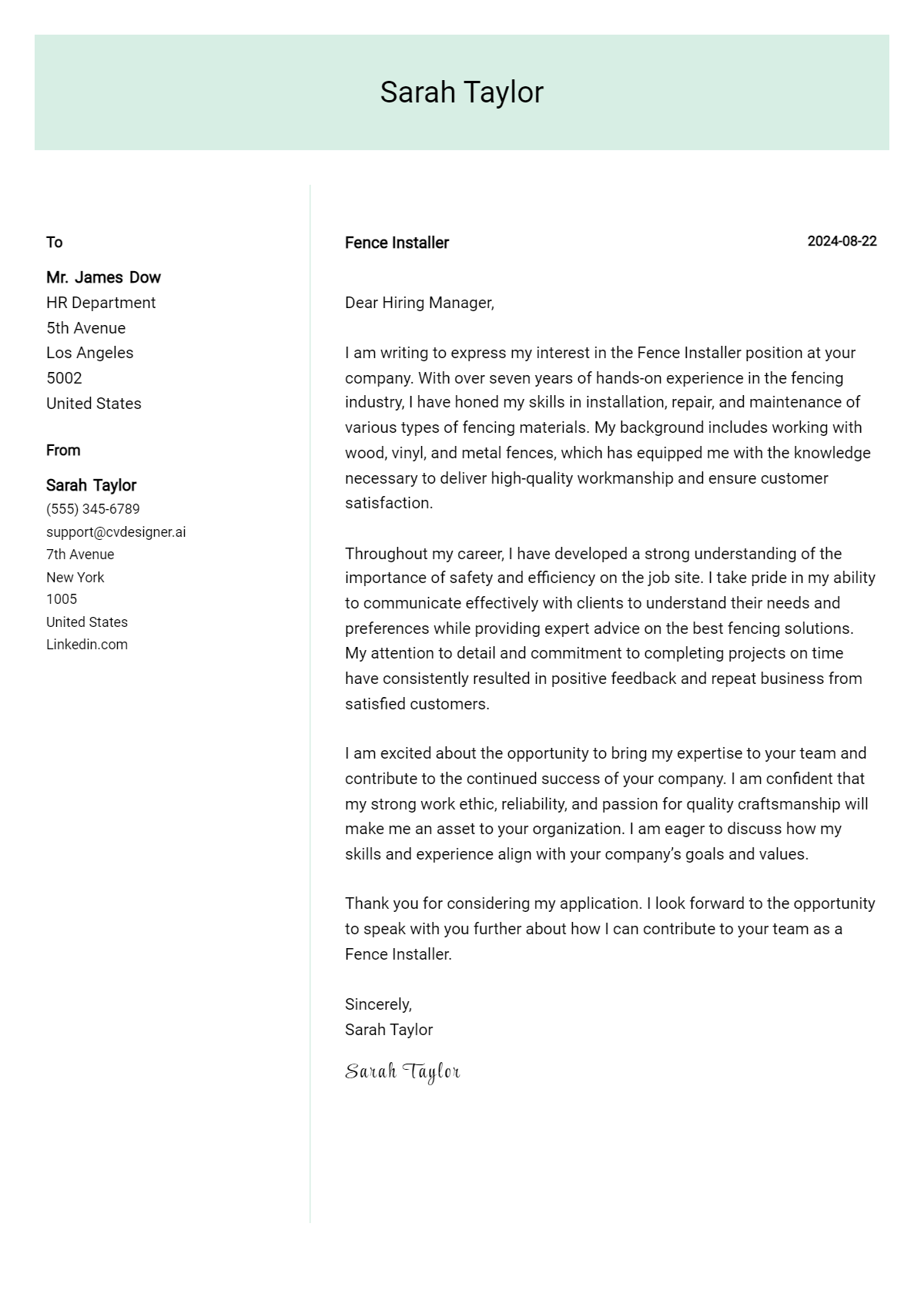 Fence Installer Cover Letter Example for 2026 (Download Templates) Preview