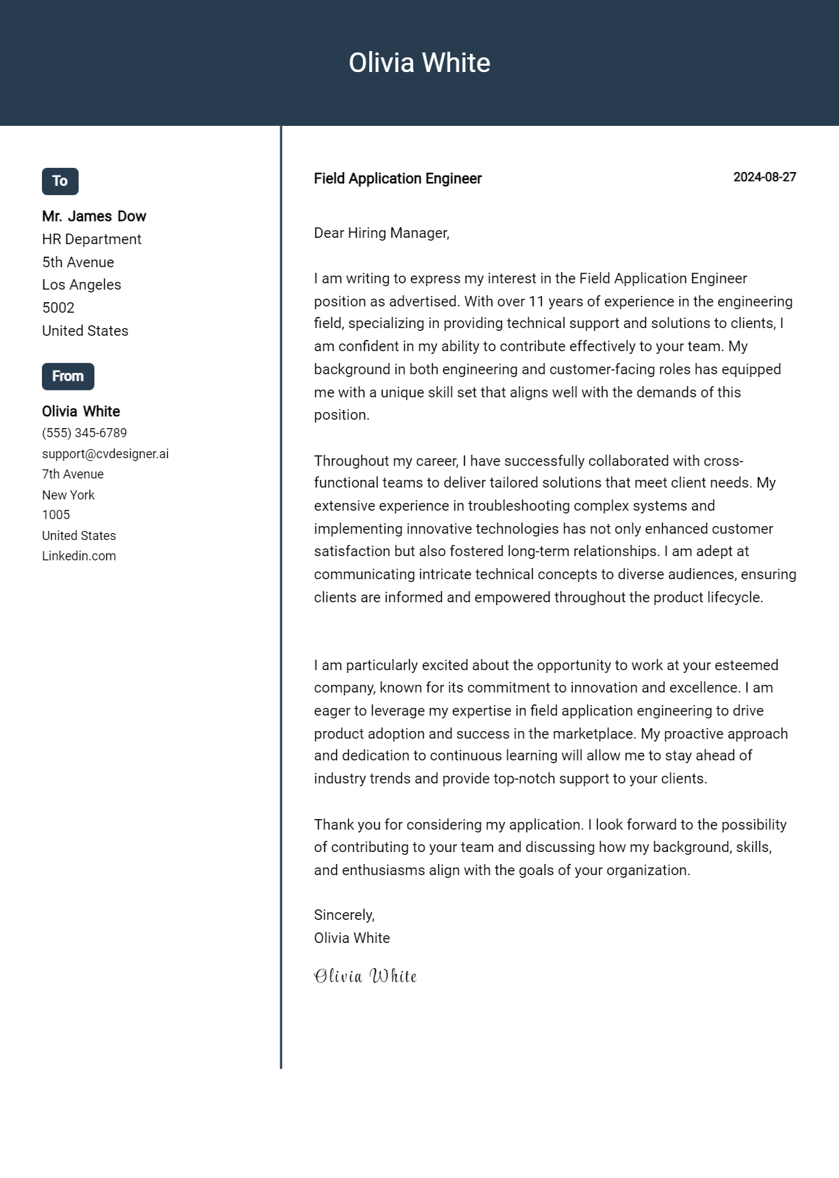 Field Application Engineer Cover Letter Examples & Samples for 2026 Preview