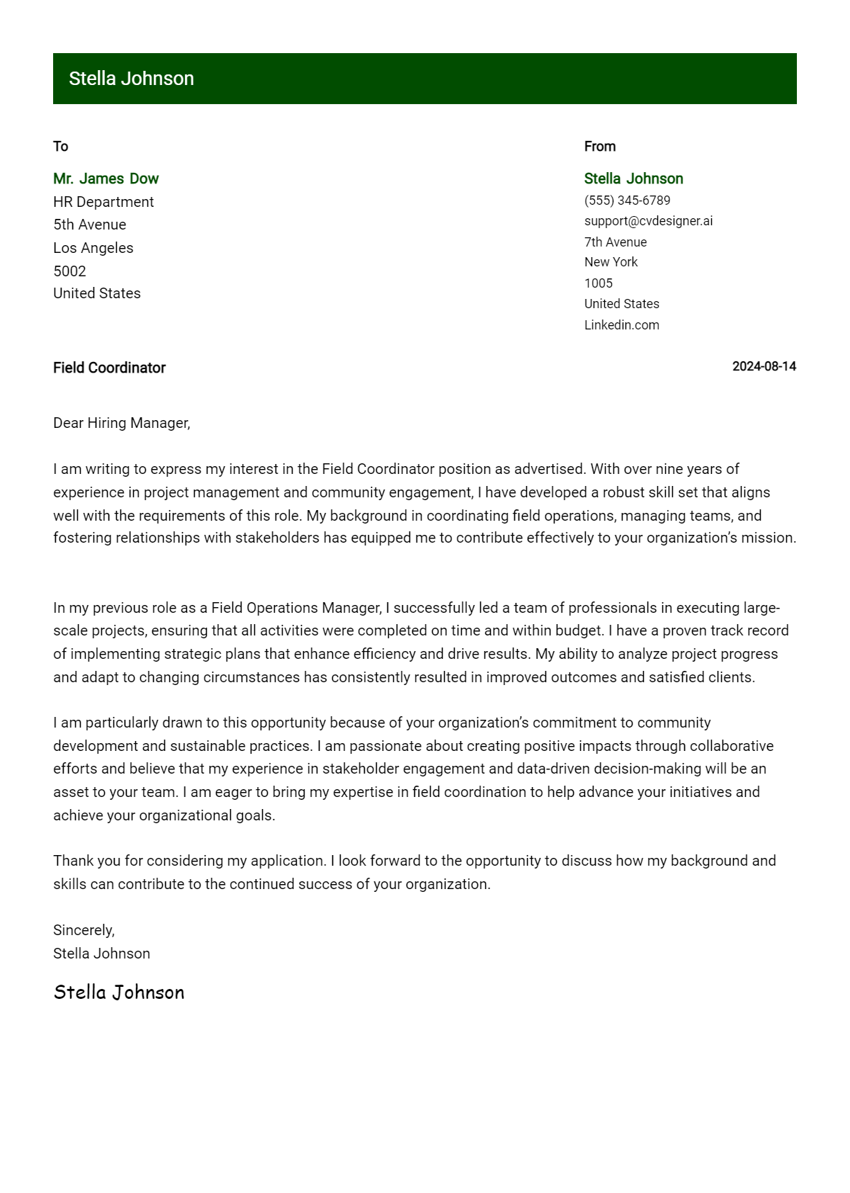 Field Coordinator Cover Letter Examples and Templates for 2026 Preview