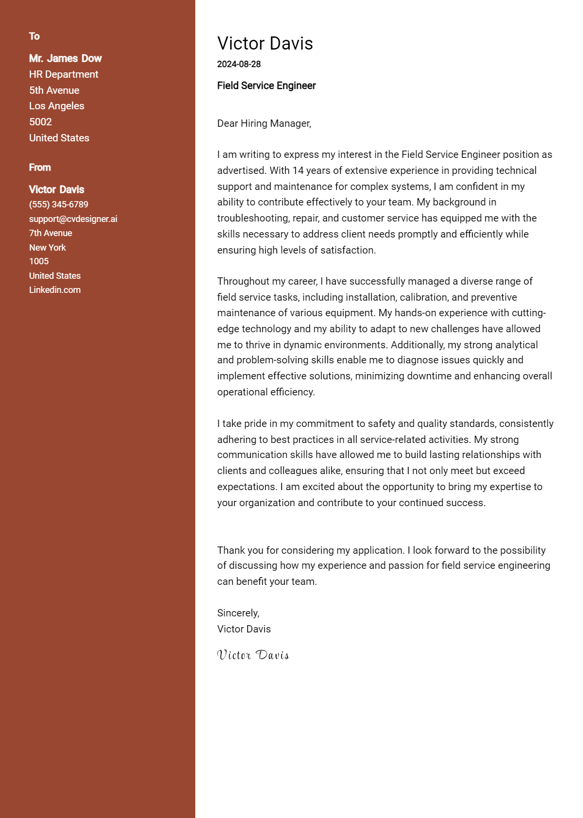 Field Service Engineer Cover Letter Samples & Examples 2026 Preview