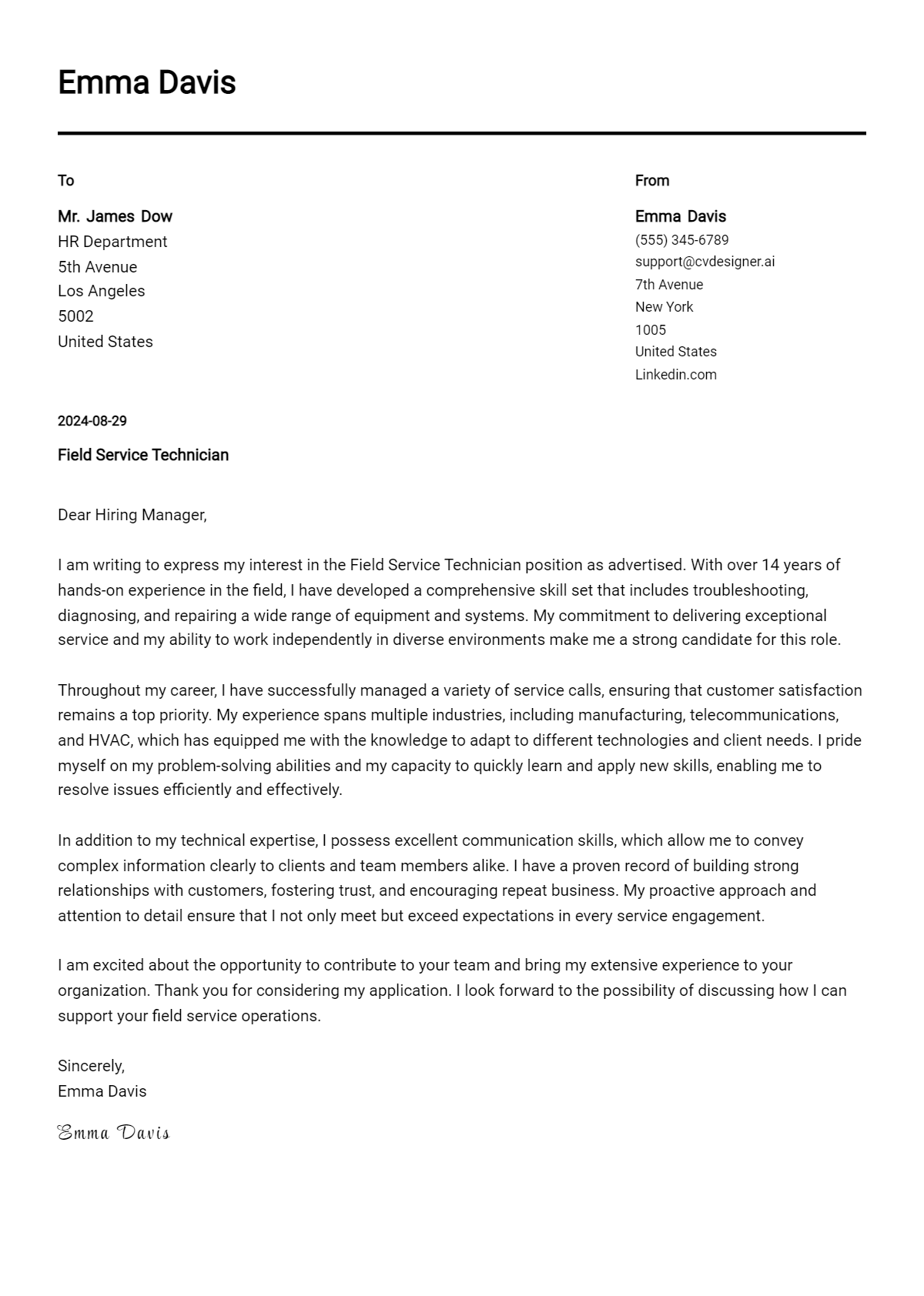18 Field Service Technician Cover Letter Examples for 2026 (Download Templates) Preview