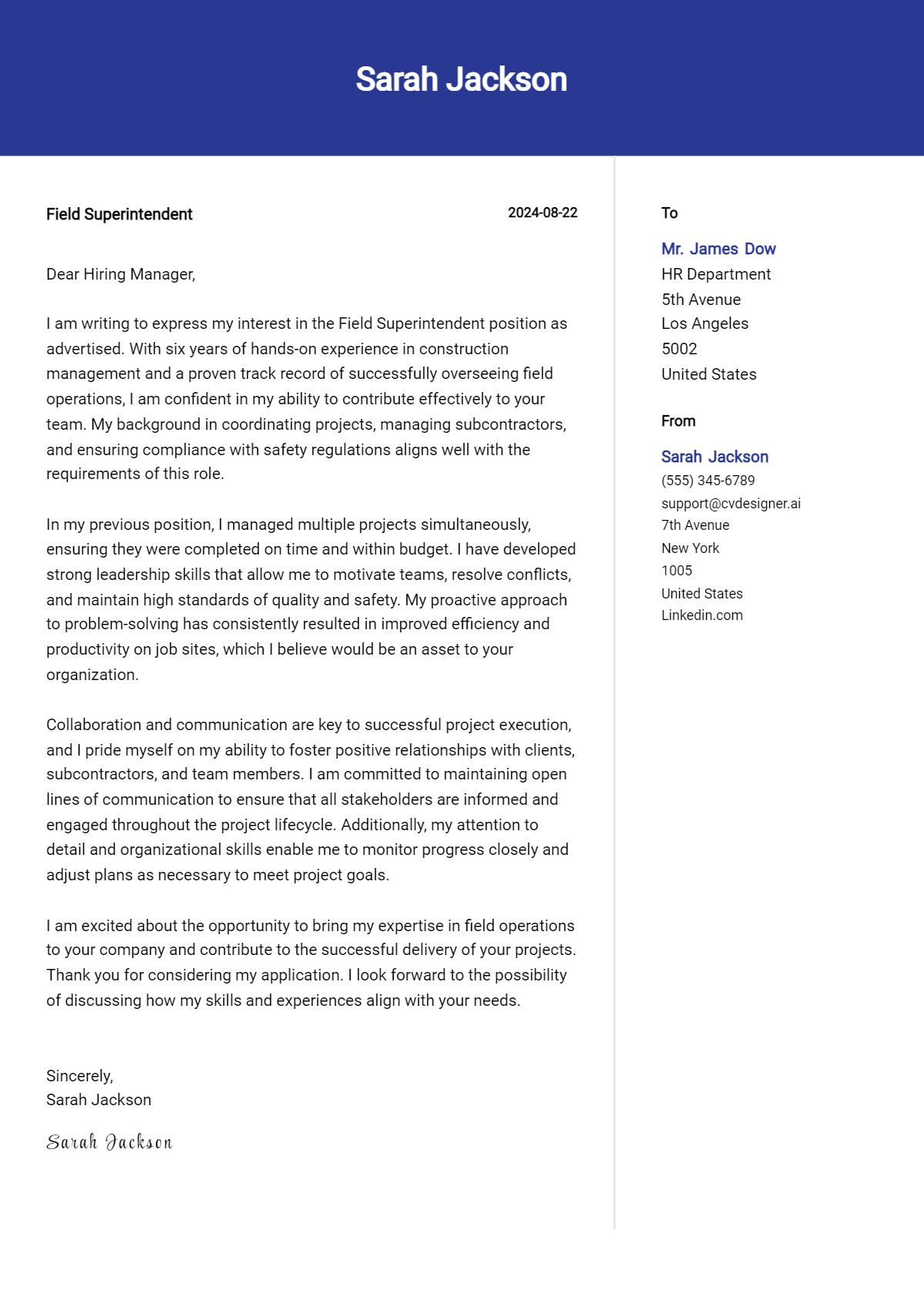 Field Superintendent Cover Letter Example for 2026 (Complete Writing Guide) Preview