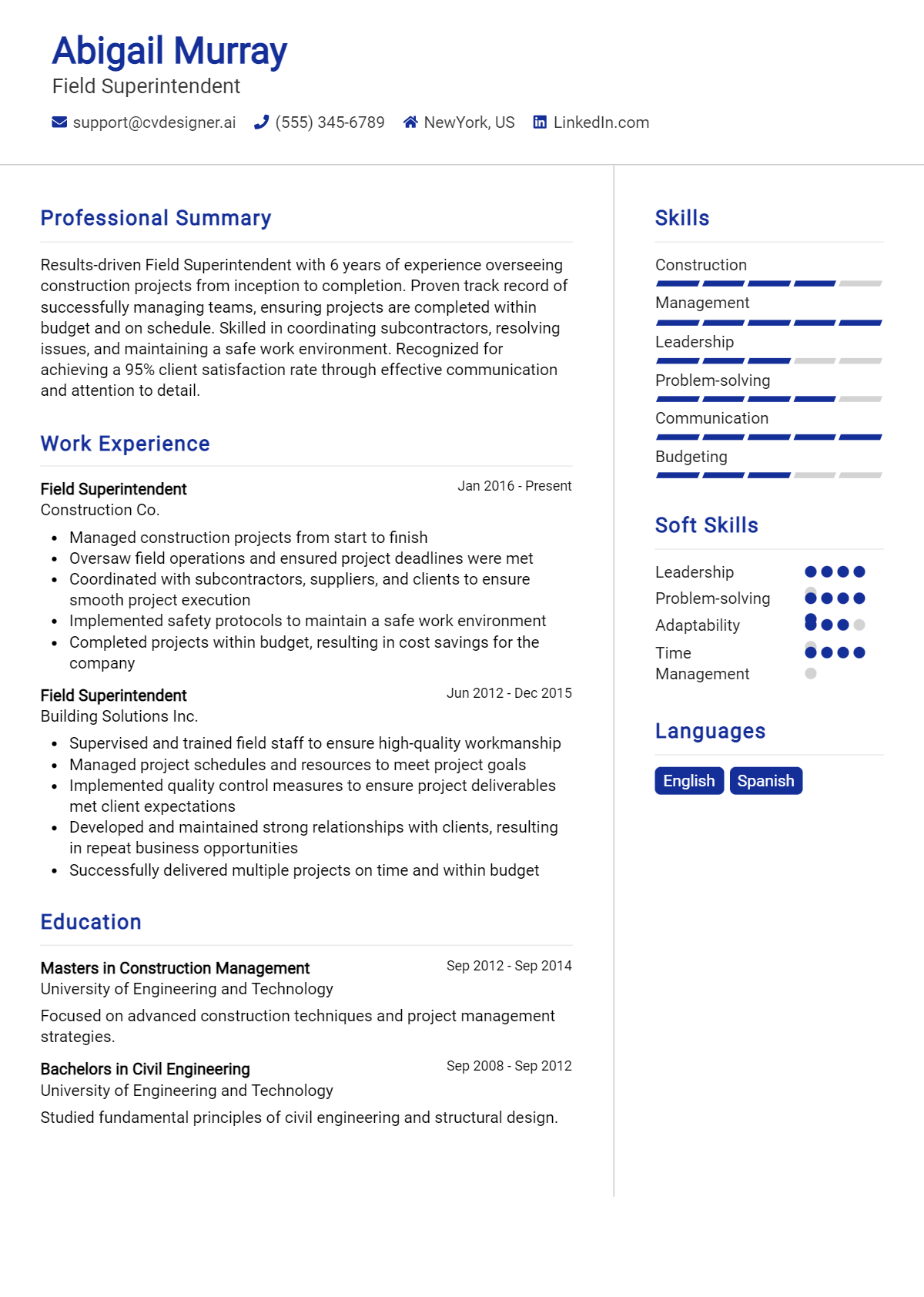 Field Superintendent Resume Example for 2026: Examples & Free Templates Preview