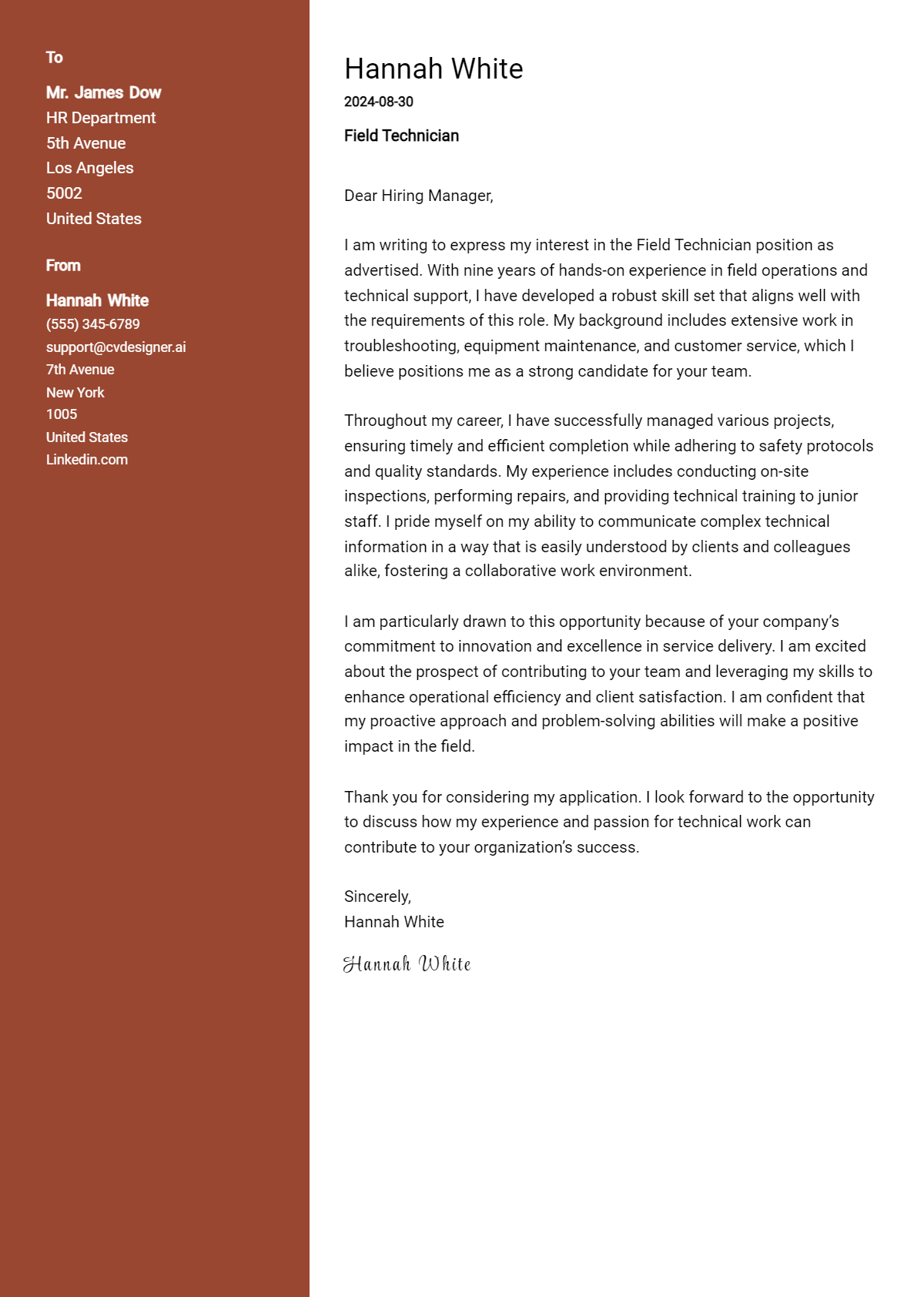 Field Technician Cover Letter Example for 2026 (Writing Guide) Preview