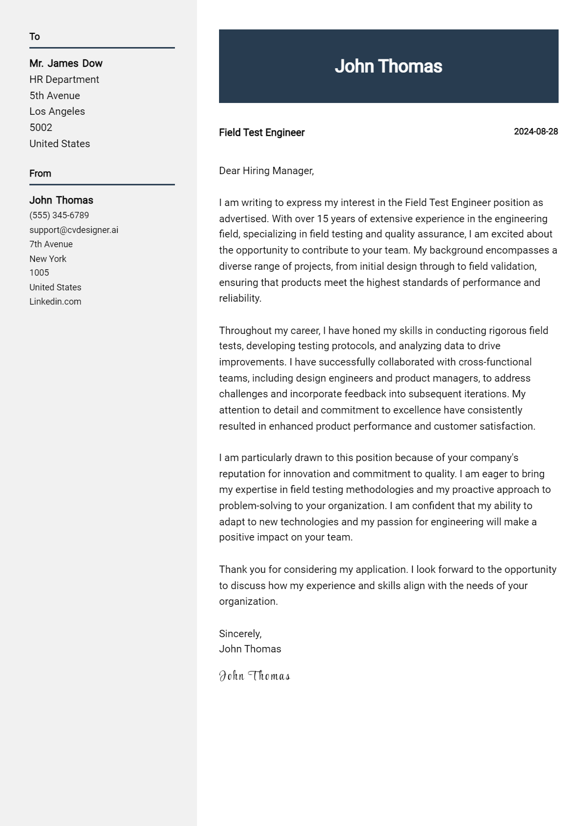 Field Test Engineer Cover Letter Example for 2026: Proven Tips Preview