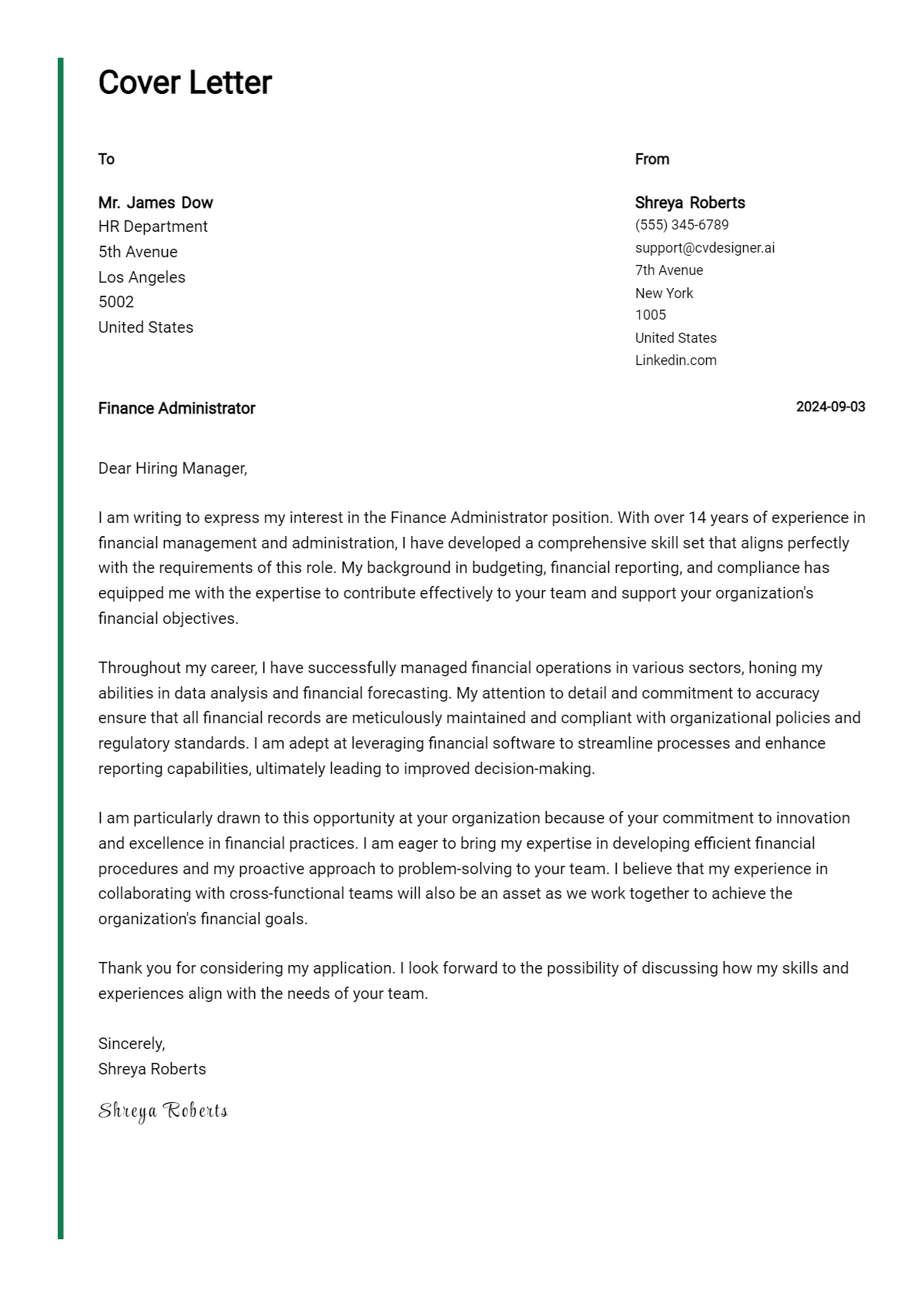 Finance Administrator Cover Letter Example for 2026 (Download Templates) Preview
