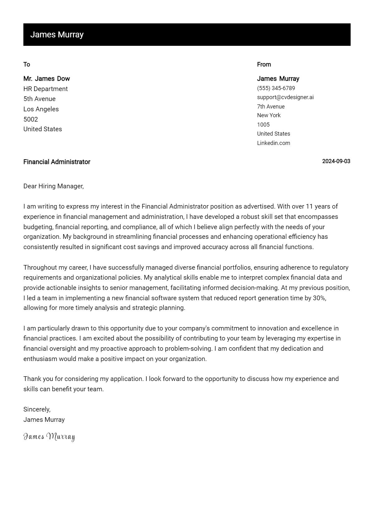 Financial Administrator Cover Letter Example for 2026: Free Templates Preview