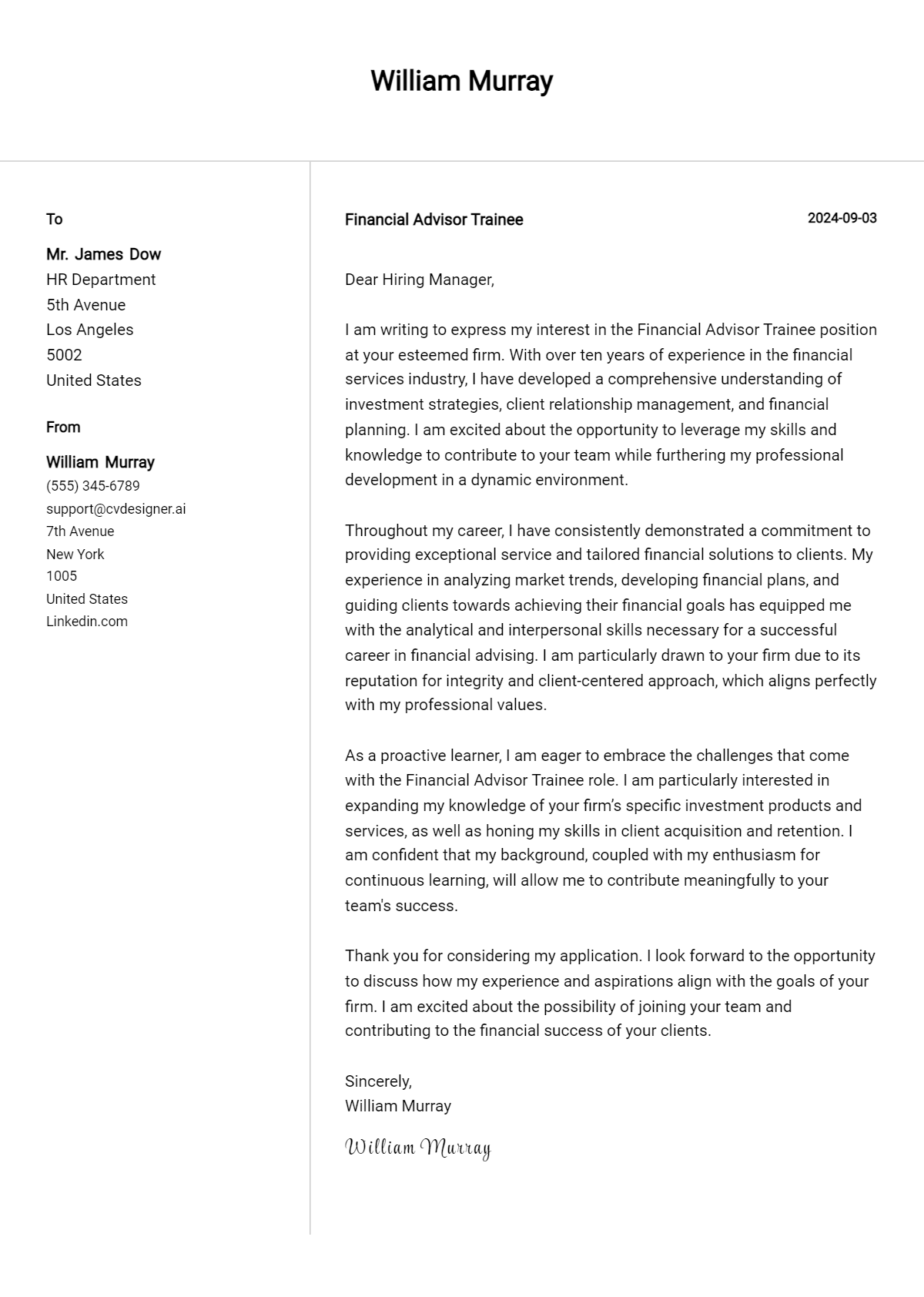 Financial Advisor Trainee Cover Letter Examples for 2026 (Downloadable) Preview