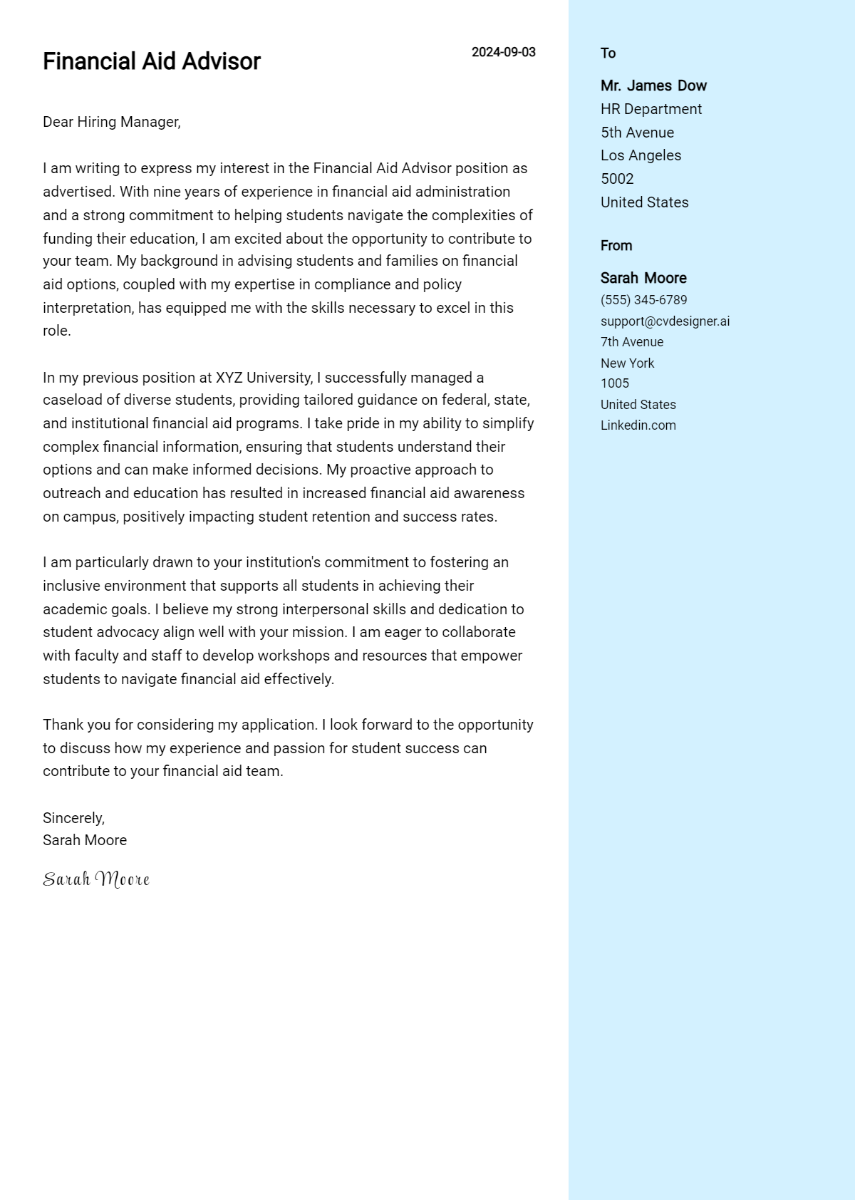 Financial Aid Advisor Cover Letter Example for 2026 (Complete Writing Guide) Preview