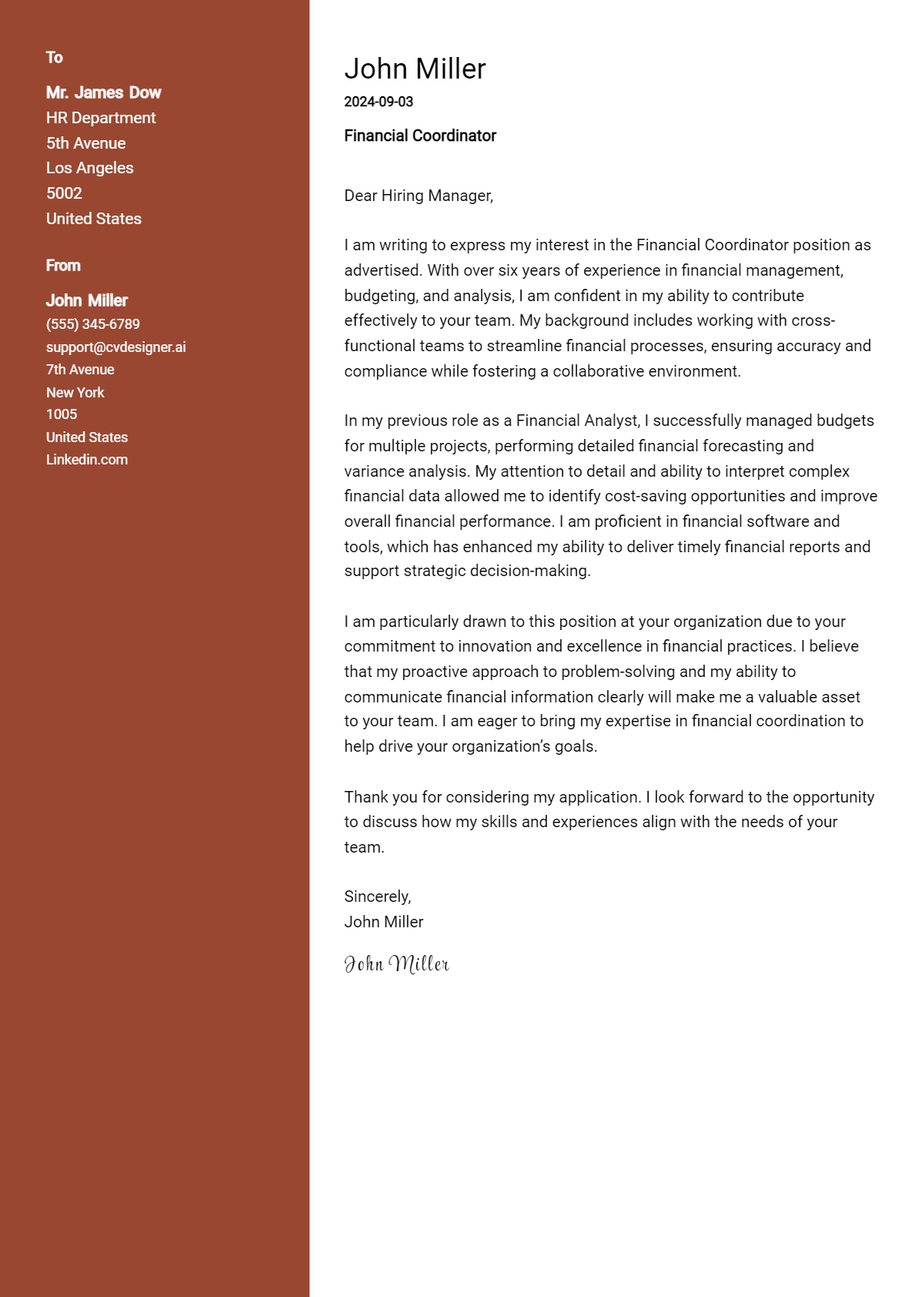 Financial Coordinator Cover Letter Example for 2026: Top CV Skills Preview
