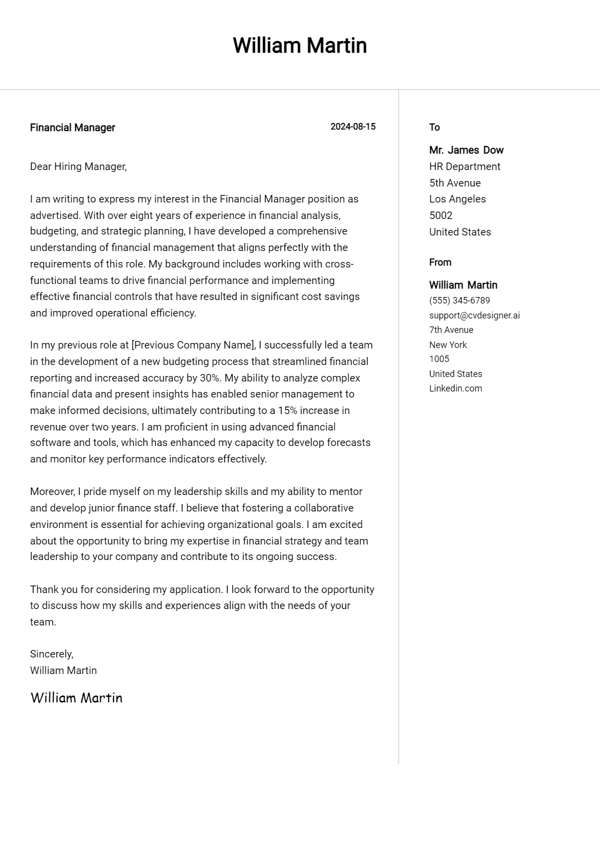 Financial Manager Cover Letter Examples for 2026 (Downloadable) Preview