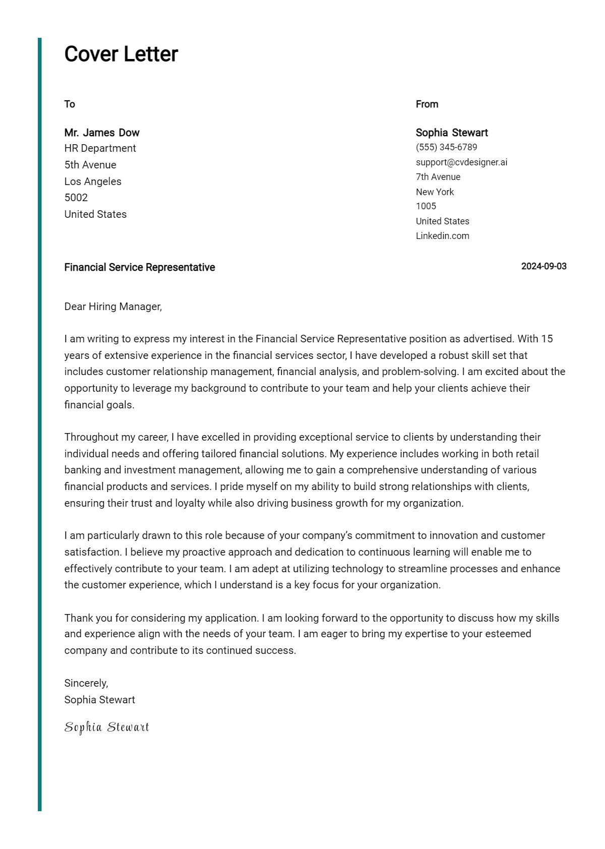 Financial Service Representative Cover Letter Examples & Samples for 2026 Preview