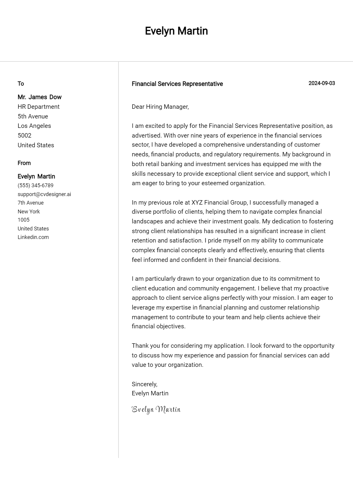 Financial Services Representative Cover Letter Example for 2026: Top CV Skills Preview