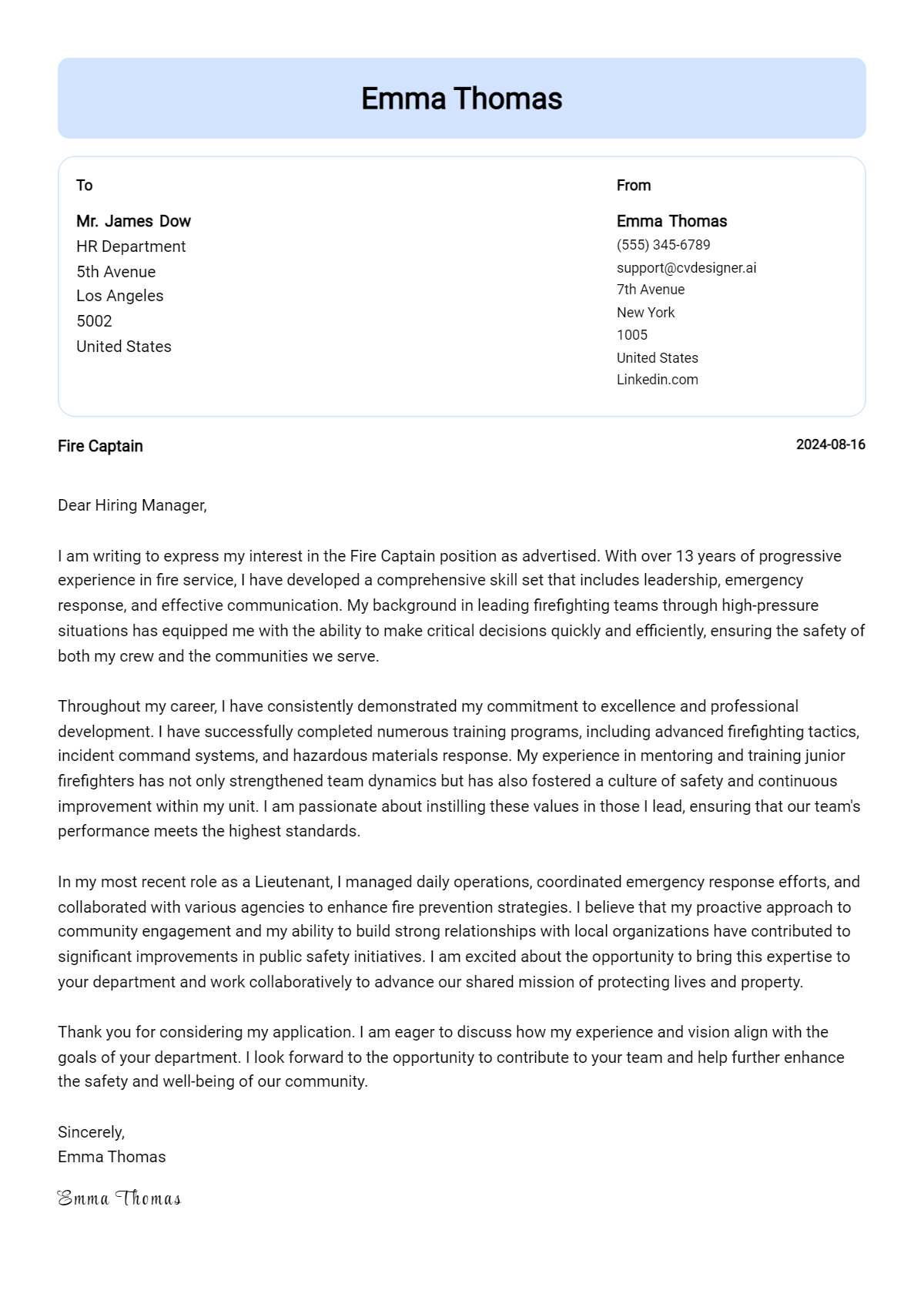 Fire Captain Cover Letter Example for 2026: Top CV Skills Preview