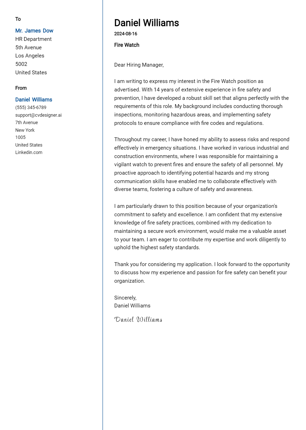 Fire Watch Cover Letter Example for 2026: Tips & Templates Preview