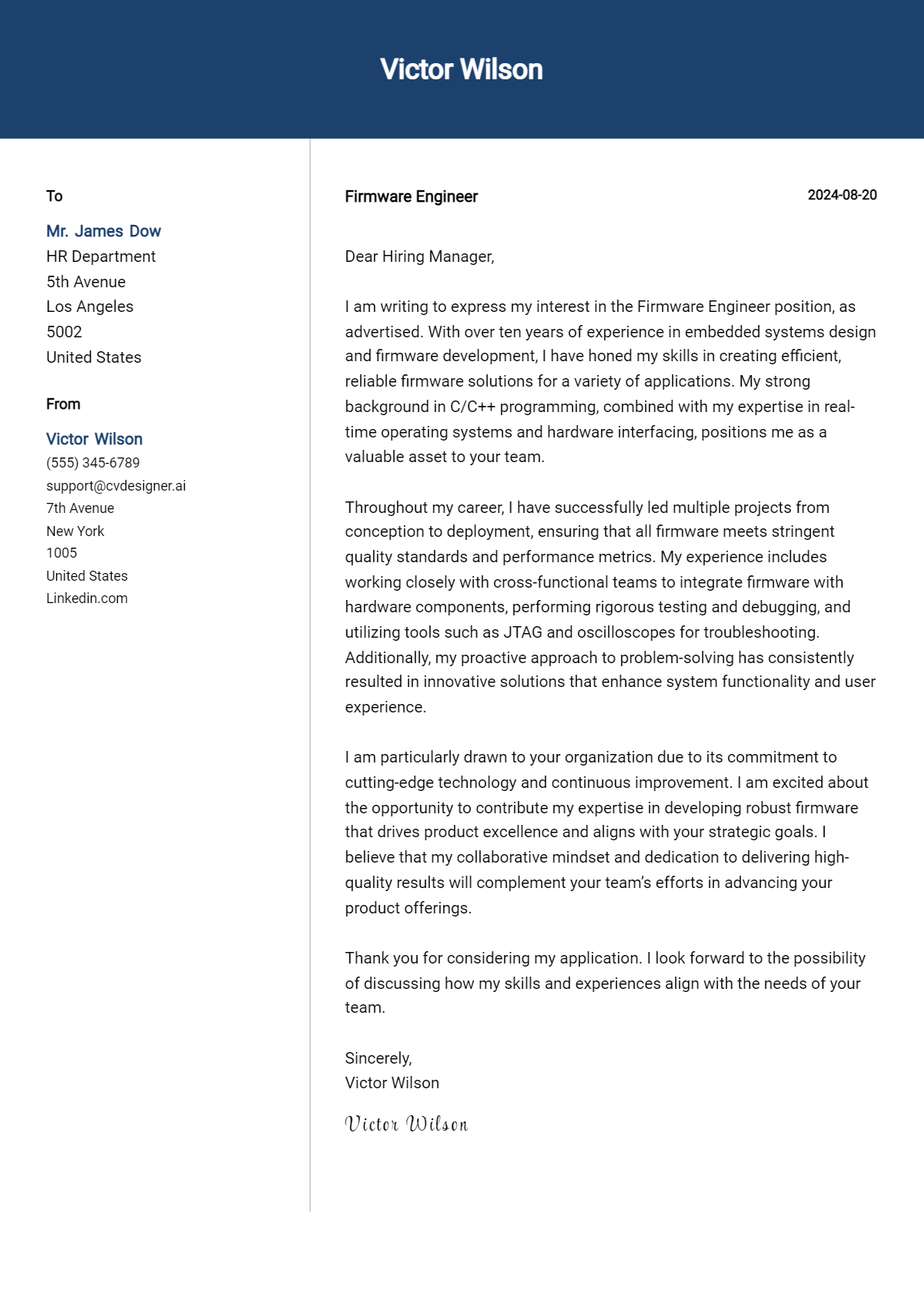 Firmware Engineer Cover Letter Example for 2026: Free Templates Preview