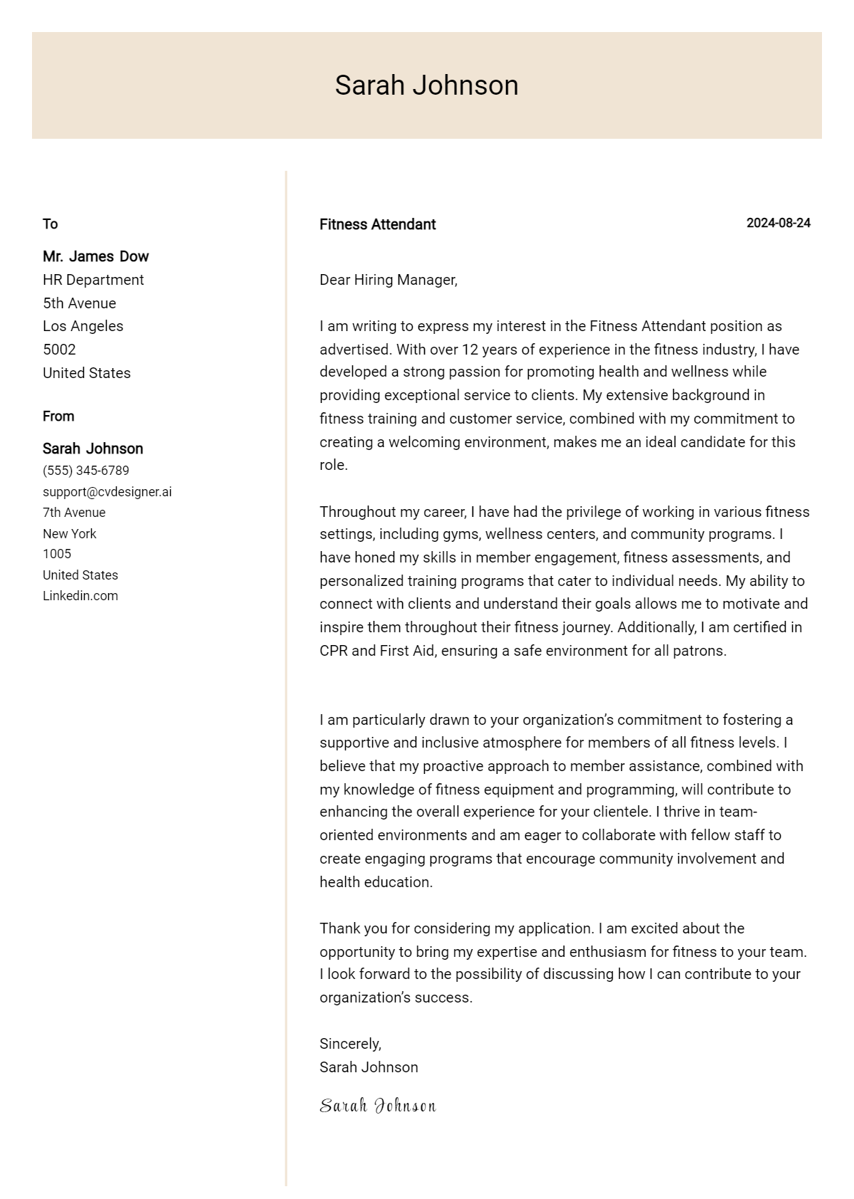 Fitness Attendant Cover Letter Example for 2026: Top CV Skills Preview