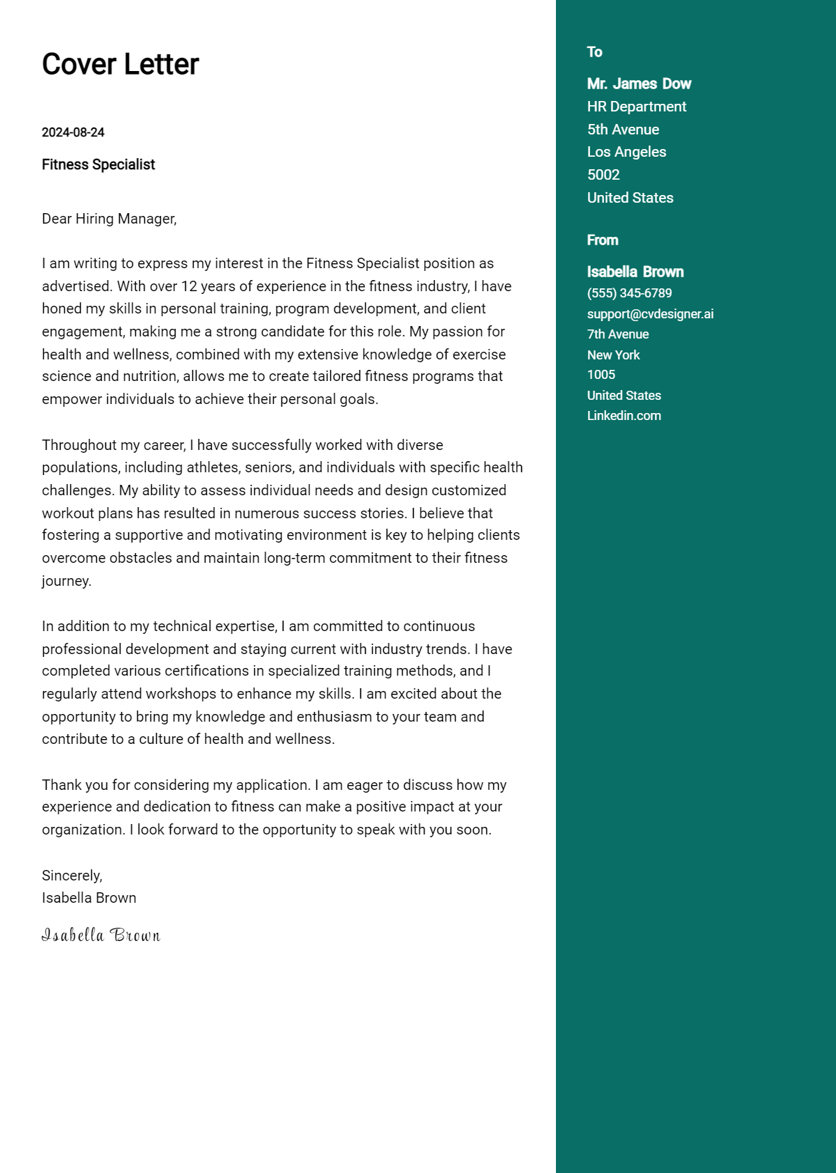 Fitness Specialist Cover Letter Example for 2026 (Complete Writing Guide) Preview