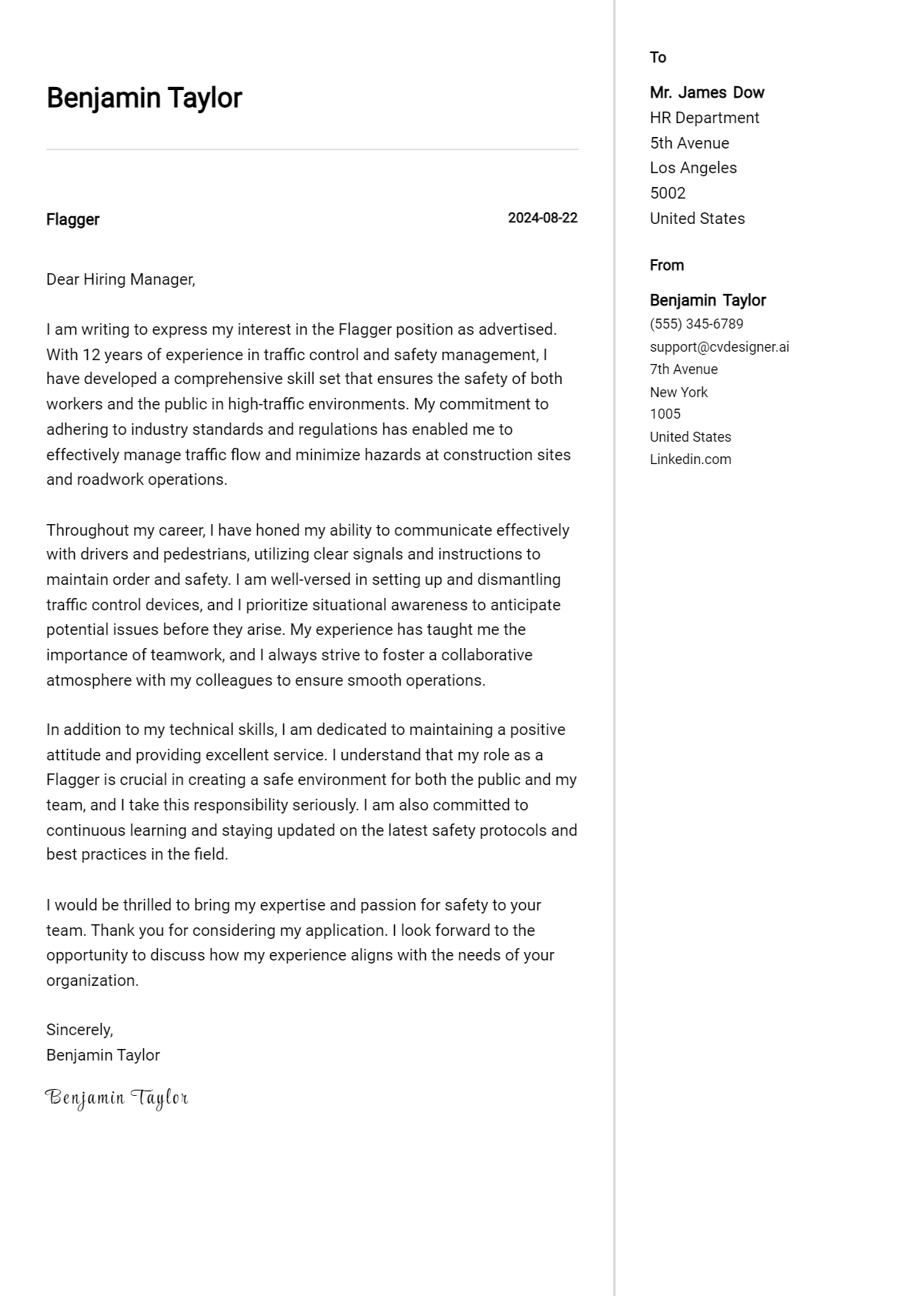 Flagger Cover Letter Example for 2026 (Writing Guide) Preview