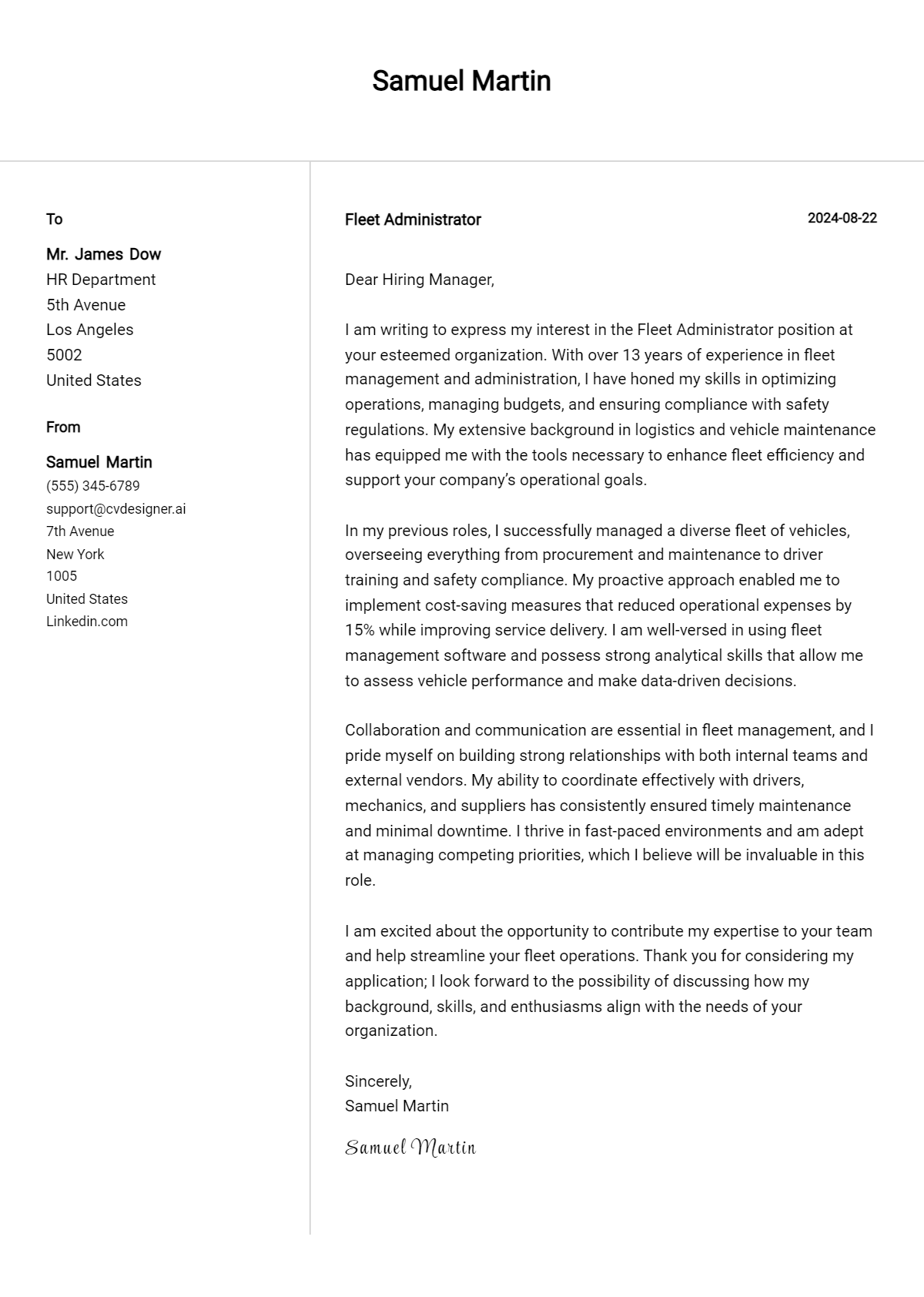 Fleet Administrator Cover Letter Samples & Examples 2026 Preview