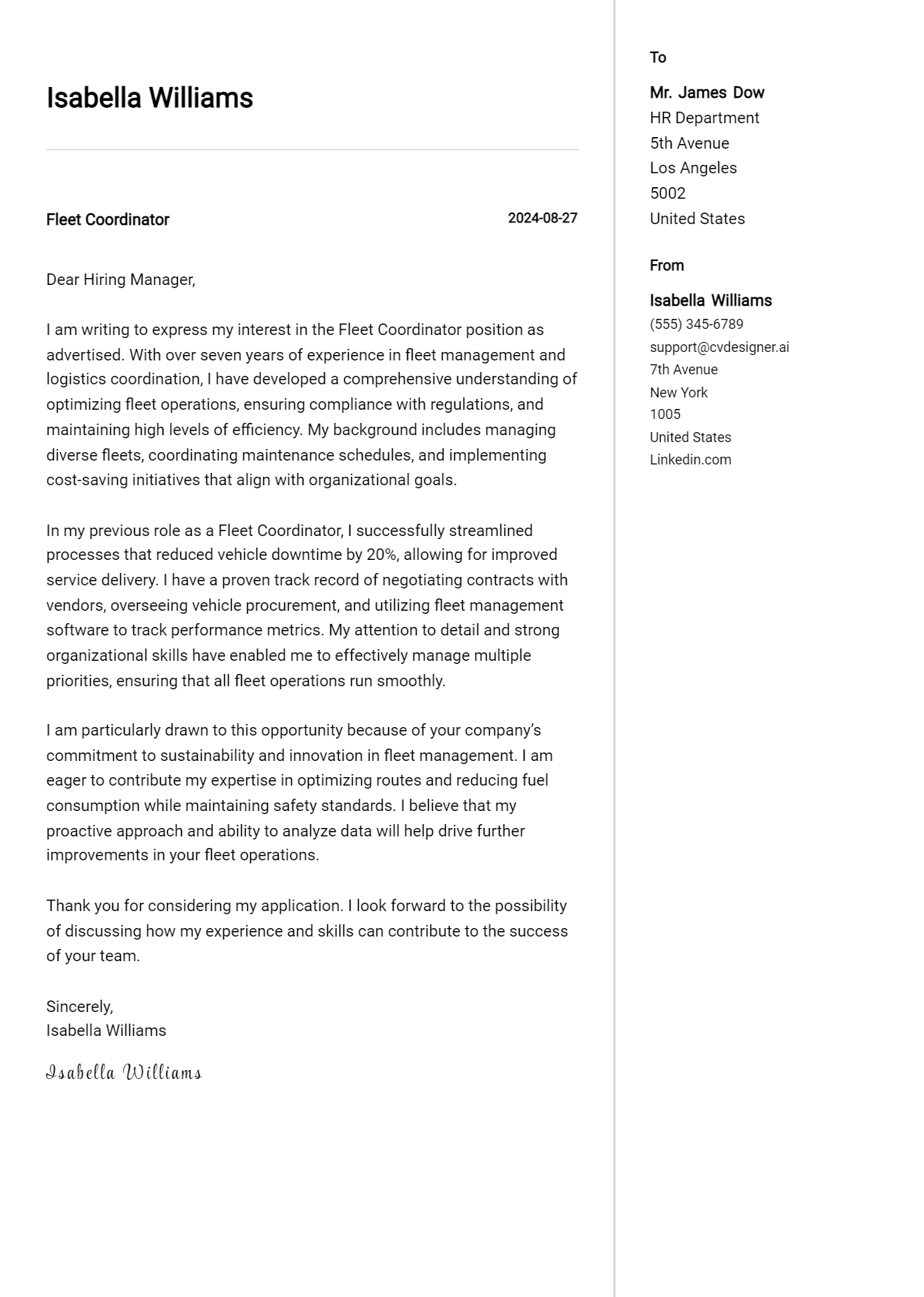 Fleet Coordinator Cover Letter Example for 2026 (Complete Writing Guide) Preview
