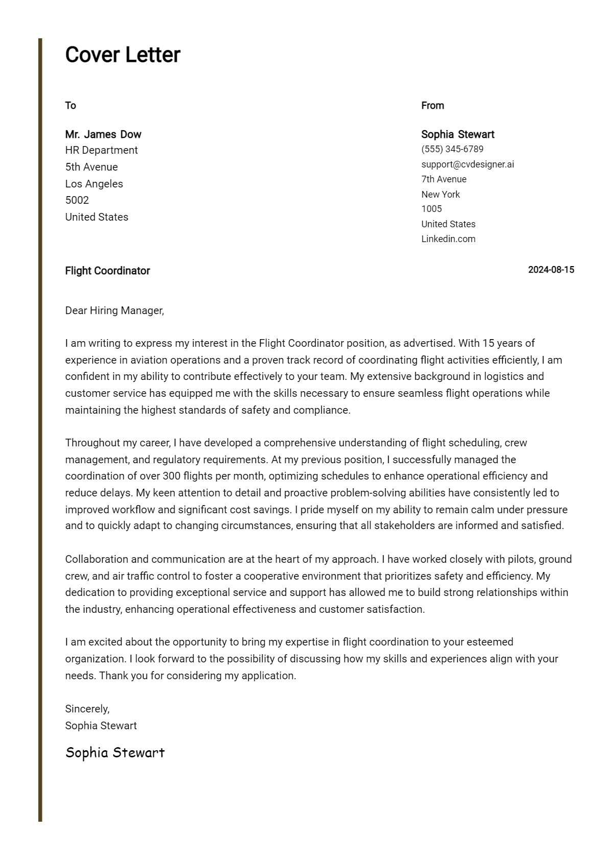 Flight Coordinator Cover Letter Samples & Examples 2026 Preview