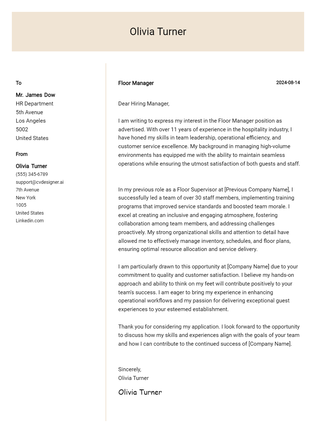 Floor Manager Cover Letter Example for 2026: Expert Tips & Templates Preview