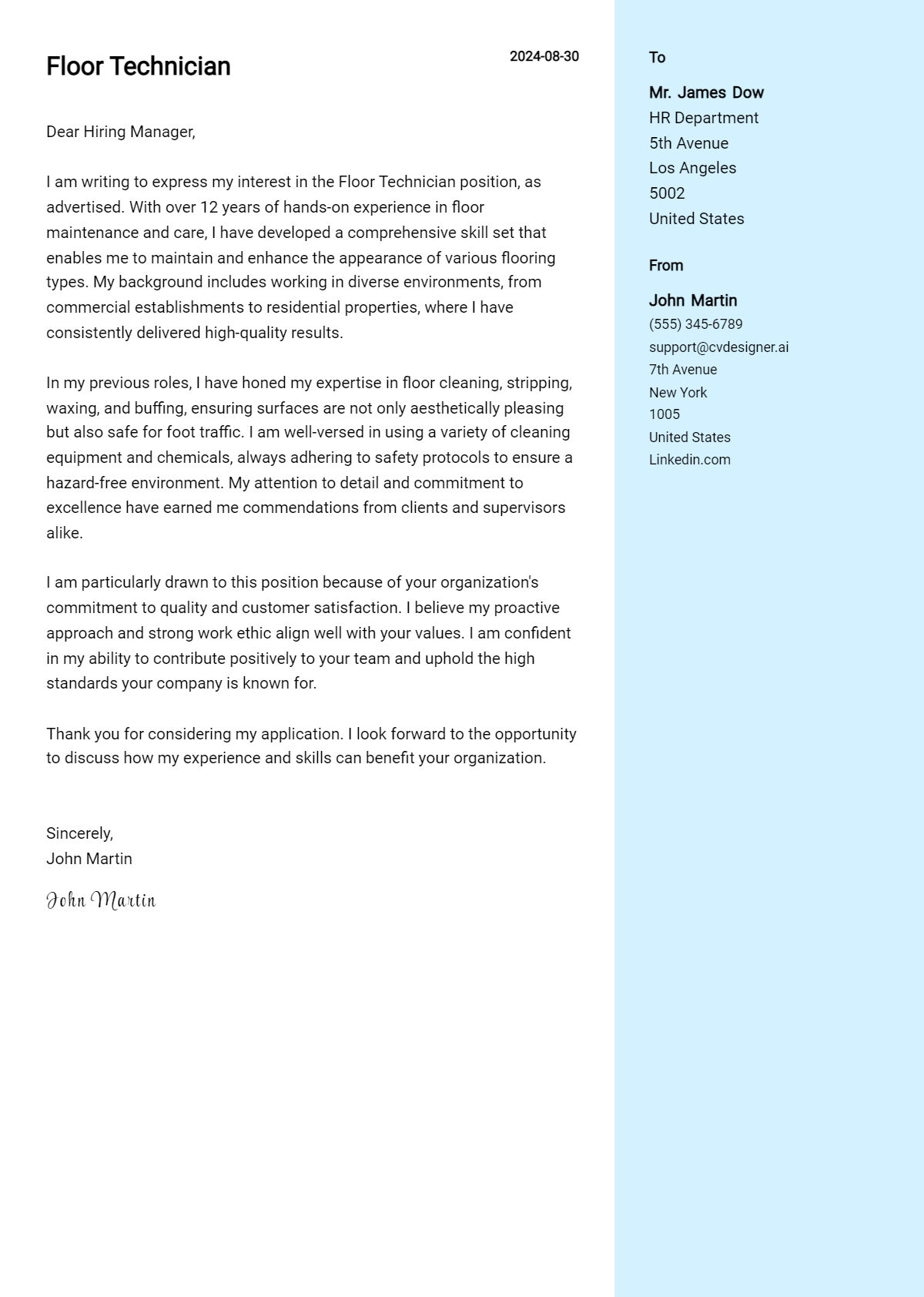 Floor Technician Cover Letter Example for 2026: Free Templates Preview