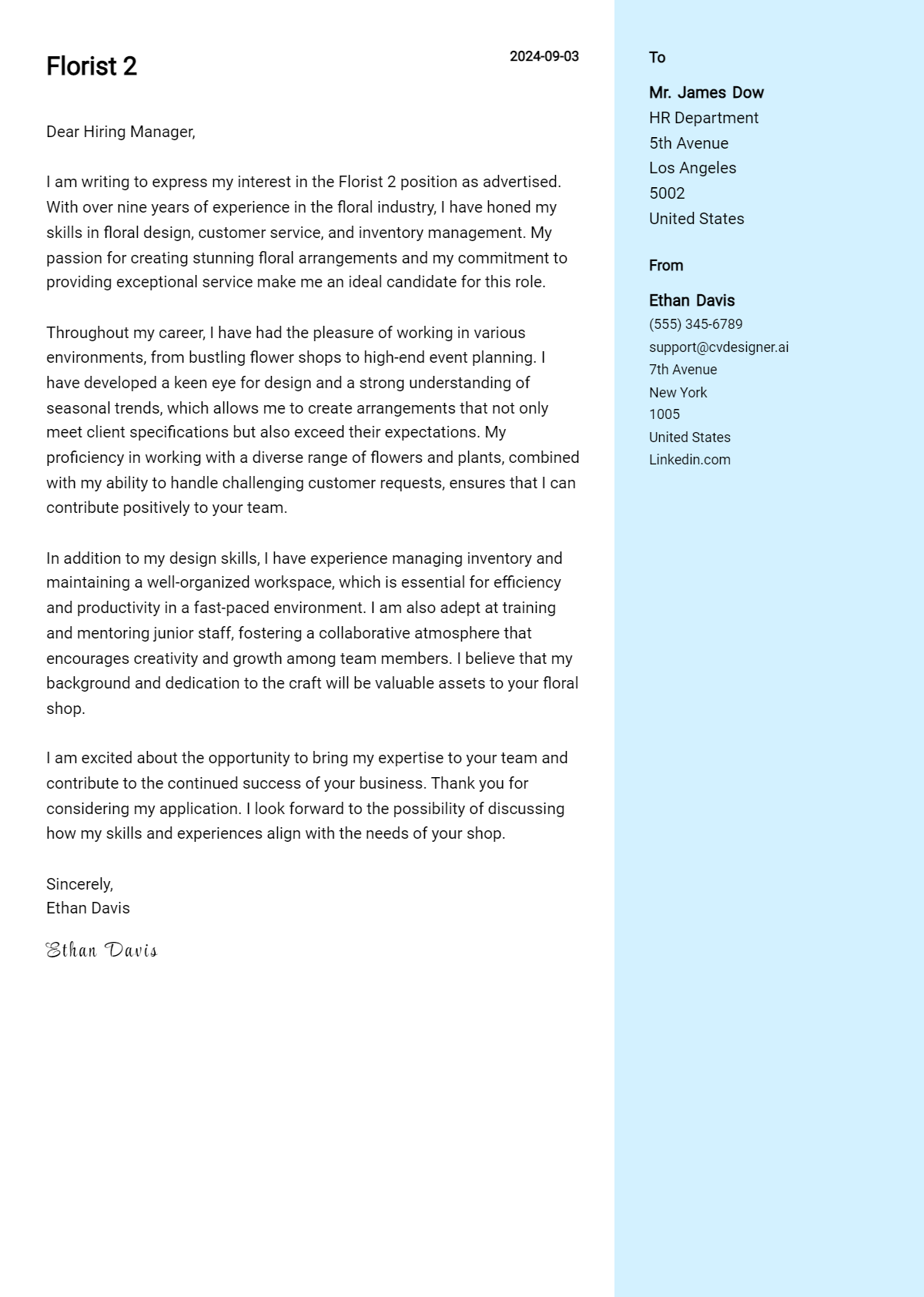 Florist Cover Letter Example for 2026 (Free Templates) Preview