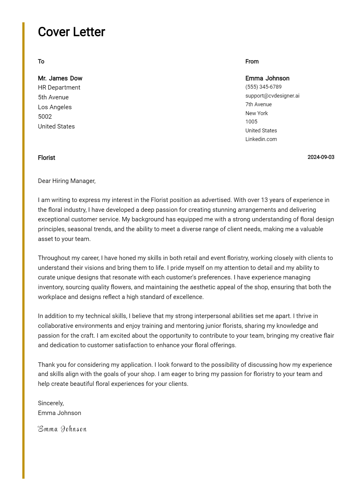 Florist Cover Letter Example for 2026 (Writing Guide) Preview