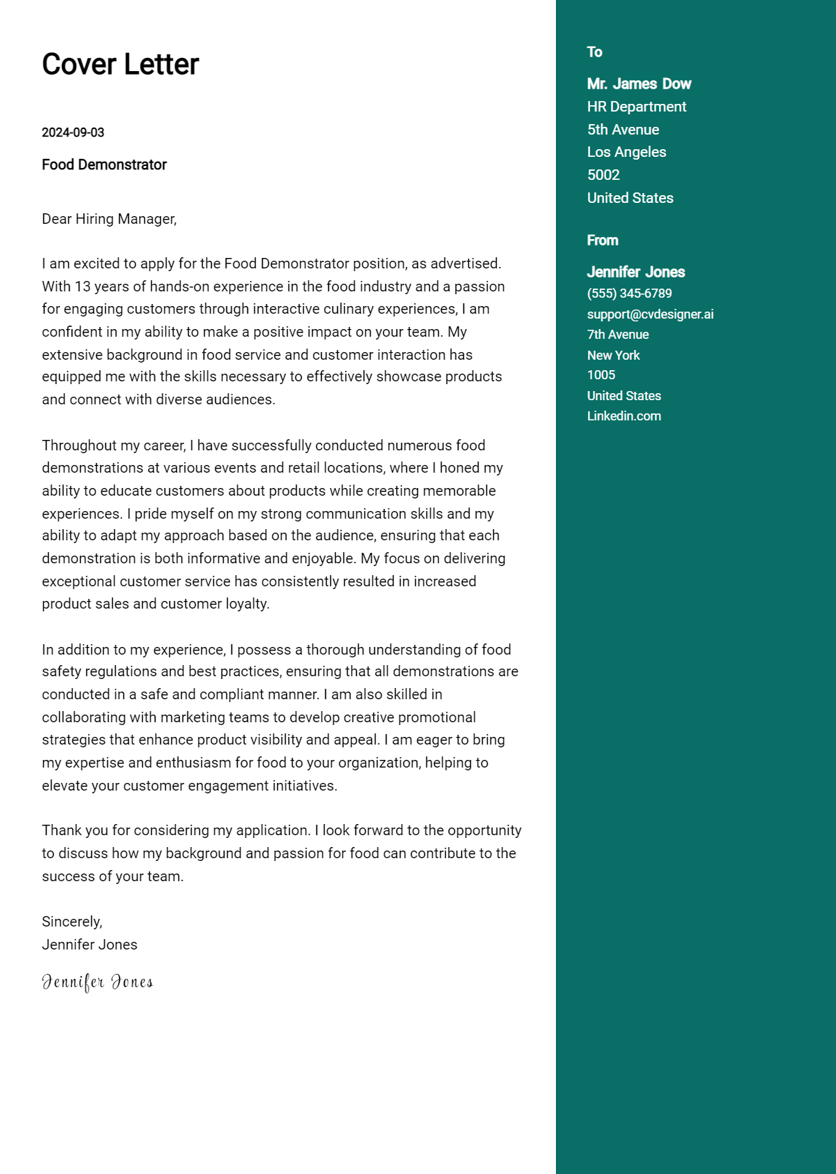 Food Demonstrator Cover Letter Example for 2026: Ultimate Guide Preview