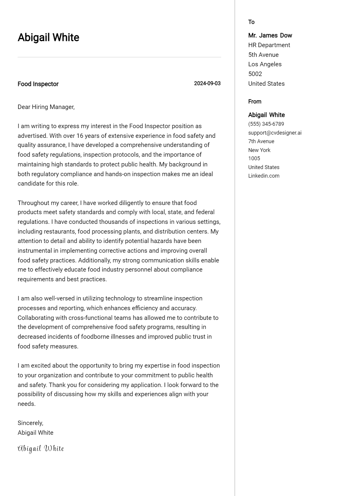Food Inspector Cover Letter Examples and Templates for 2026 Preview