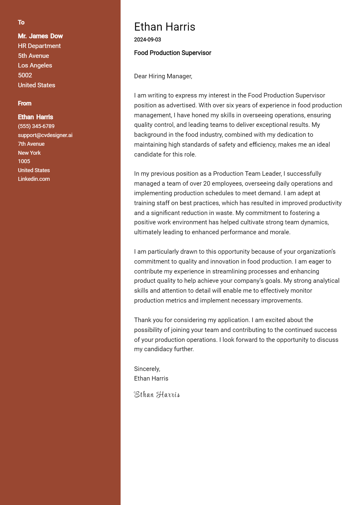 Food Production Supervisor Cover Letter Example for 2026: Tips & Templates Preview
