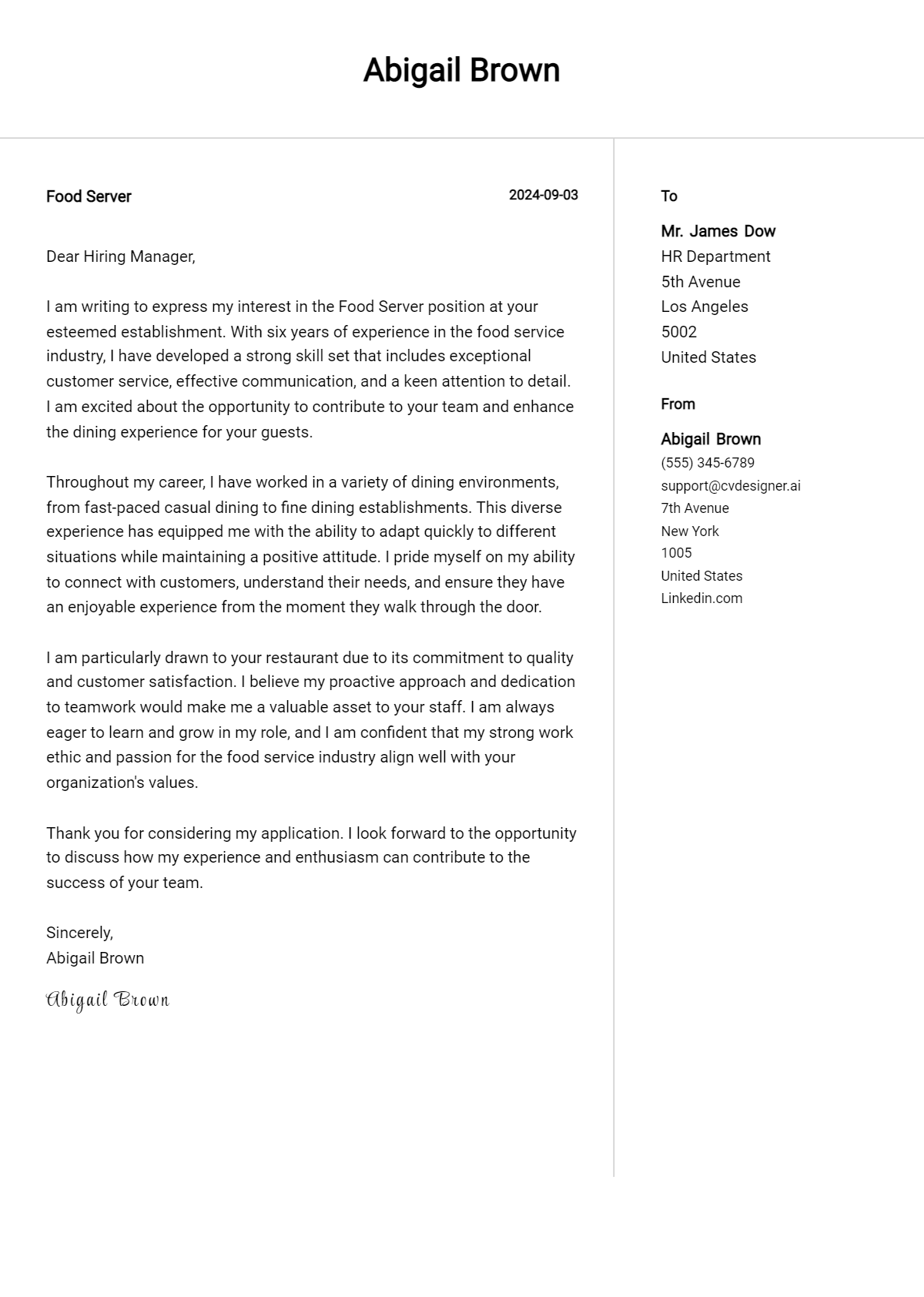 19 Food Server Cover Letter Example for 2026: Tips & Templates Preview