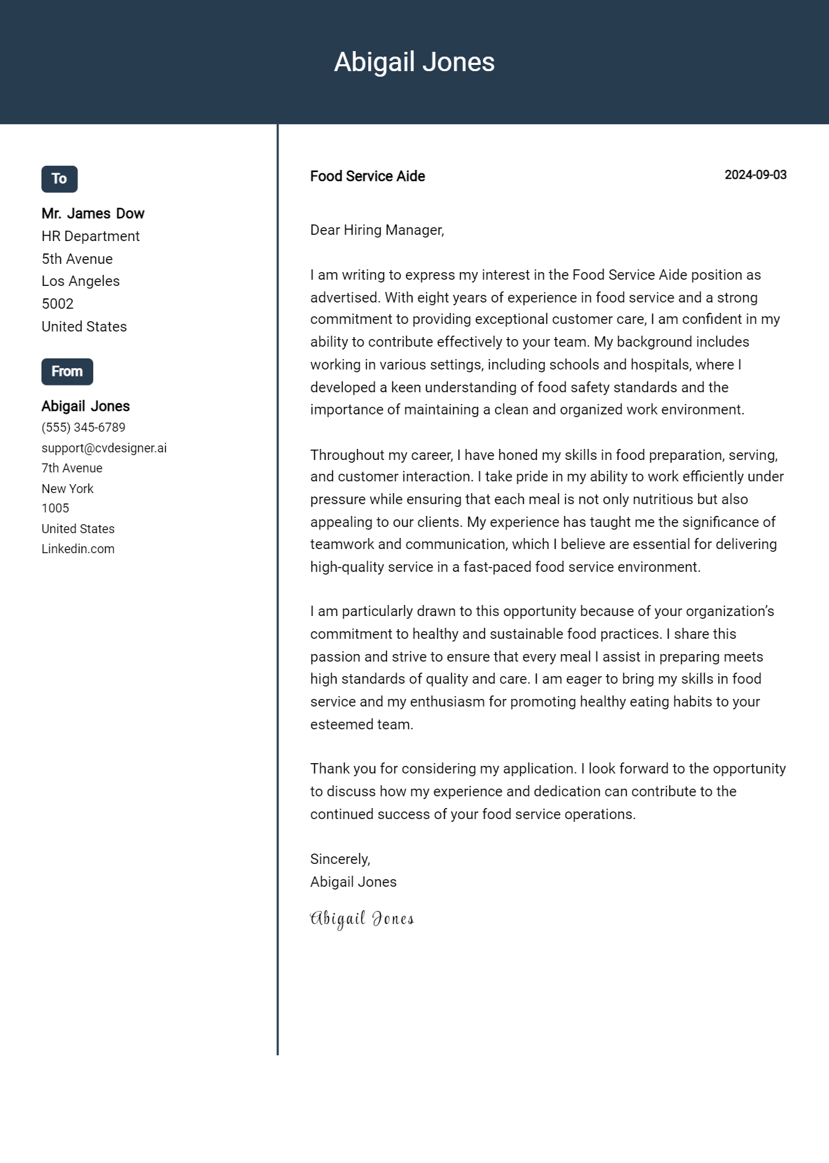 Food Service Aide Cover Letter Examples for 2026 (Downloadable) Preview