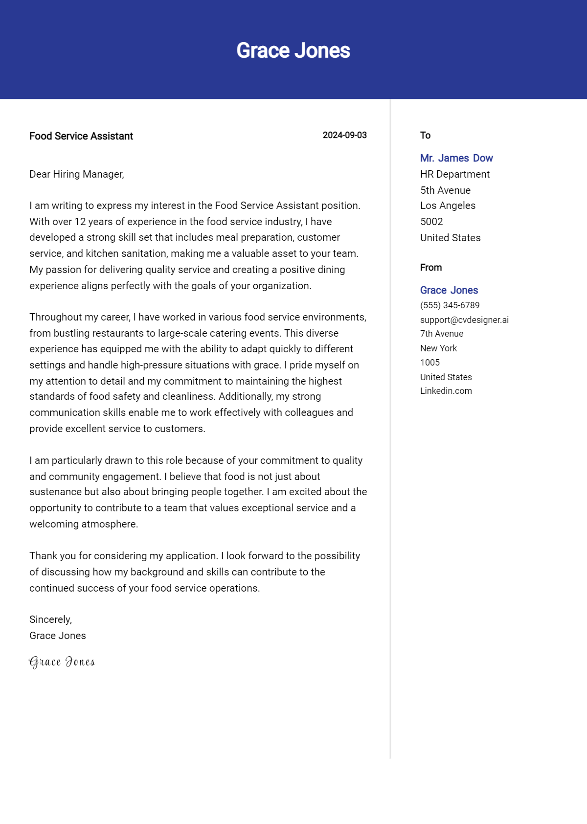Food Service Assistant Cover Letter Examples & Samples for 2026 Preview