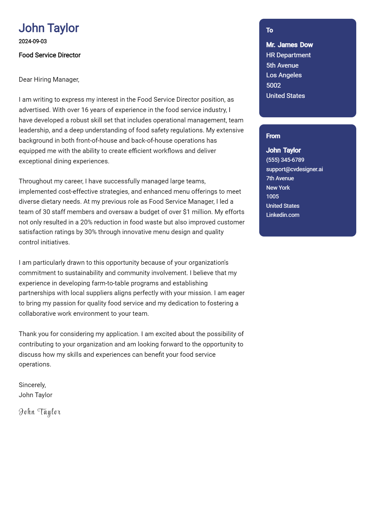 Food Service Director Cover Letter Example for 2026: Ultimate Guide Preview