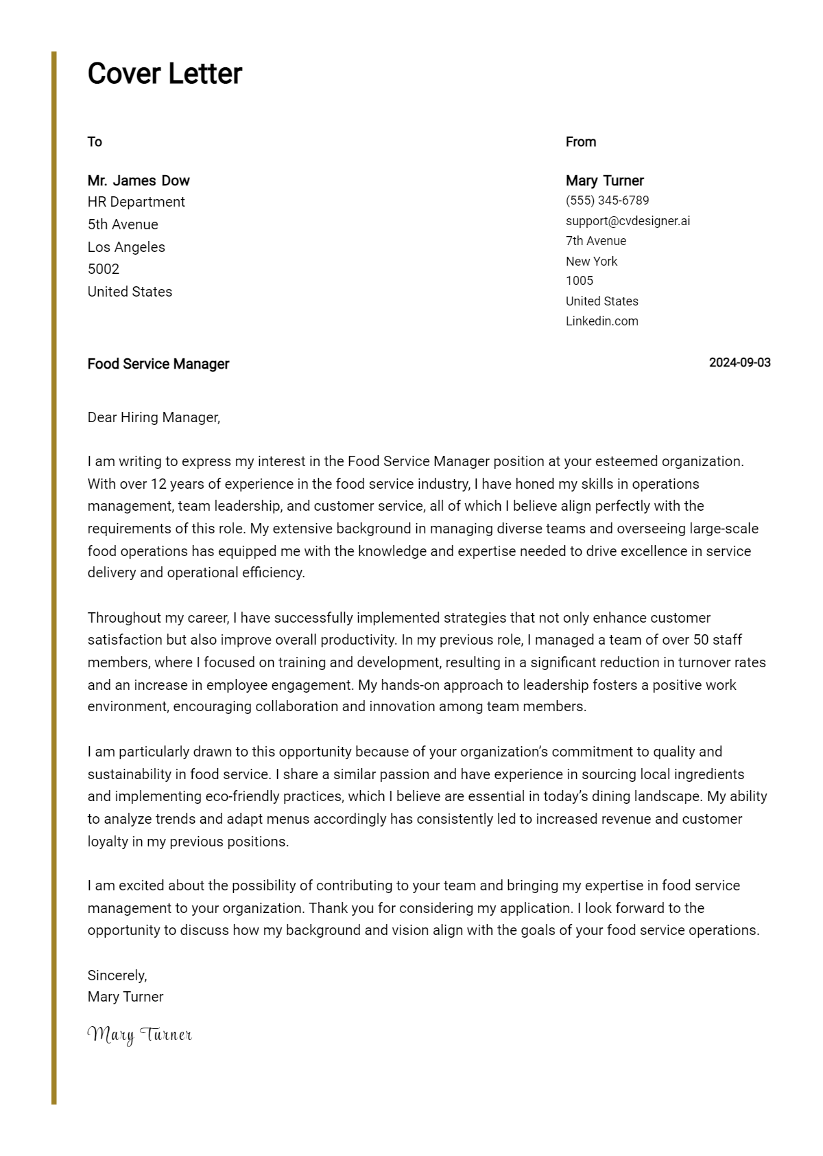 Food Service Manager Cover Letter Example for 2026: Proven Tips Preview