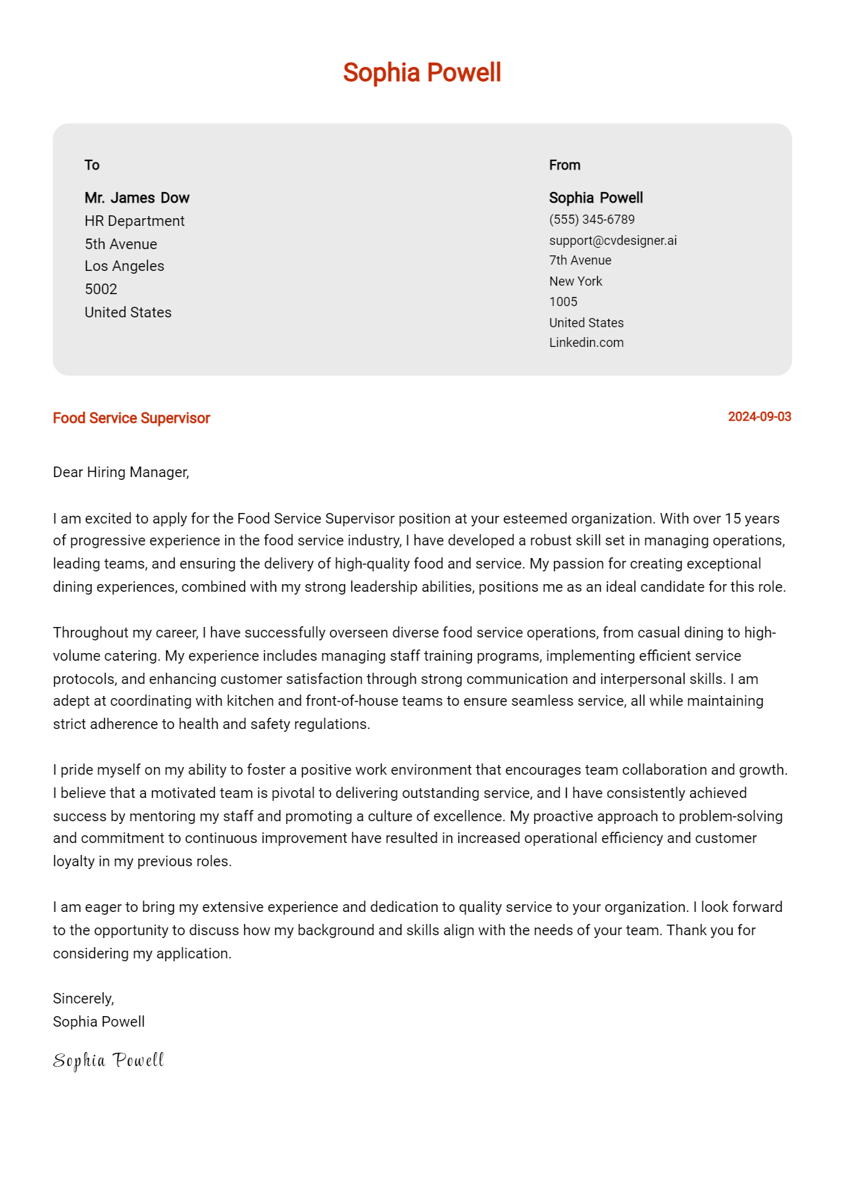 19 Food Service Supervisor Cover Letter Example for 2026: Top CV Skills Preview