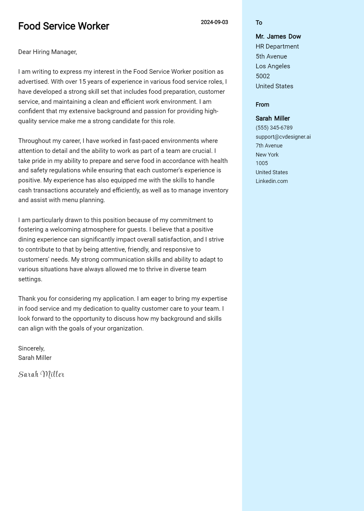 Food Service Worker Cover Letter Examples & Samples for 2026 Preview