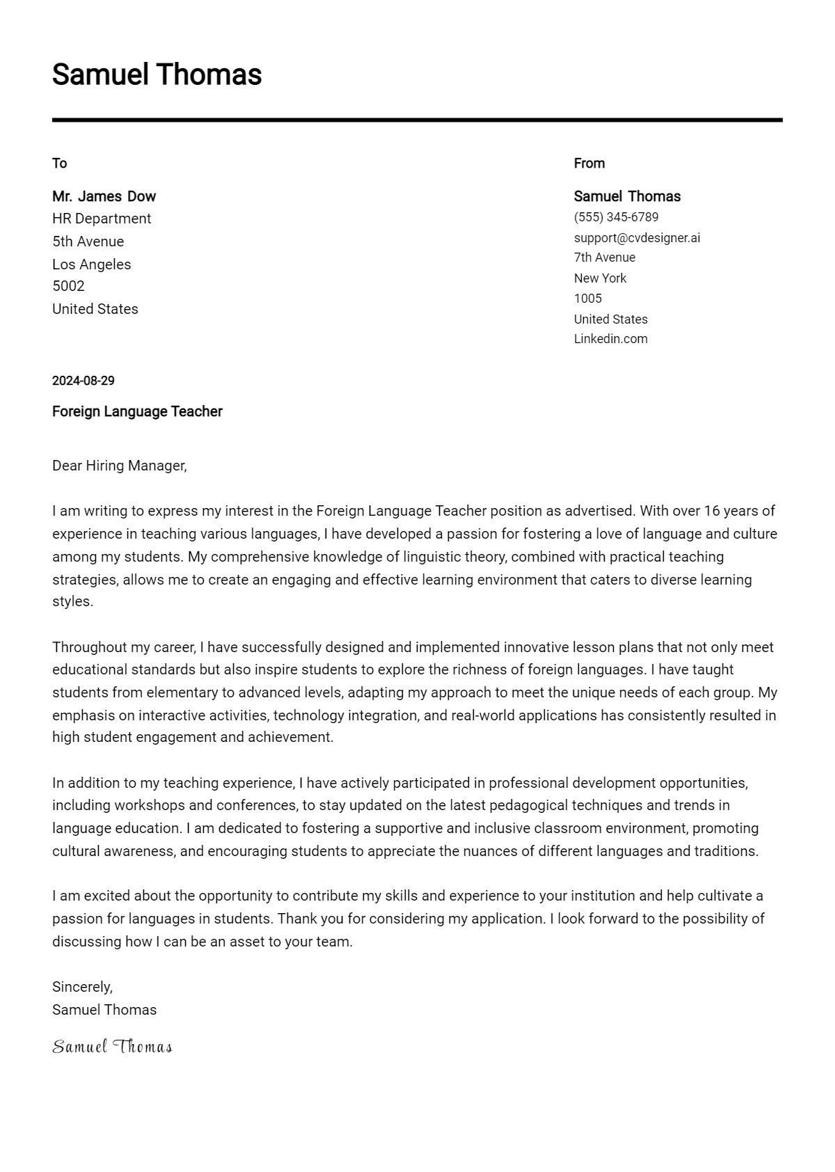 7 Foreign Language Teacher Cover Letter Examples with Writing Tips for 2026 Preview