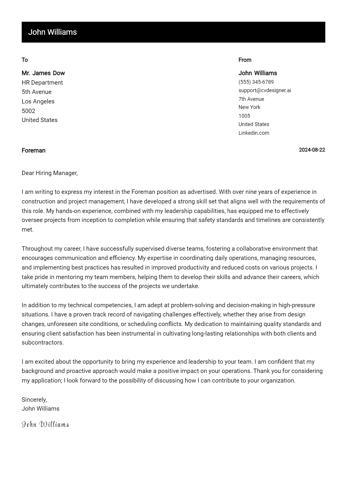 Foreman Cover Letter Example for 2026 (Free Templates) Preview