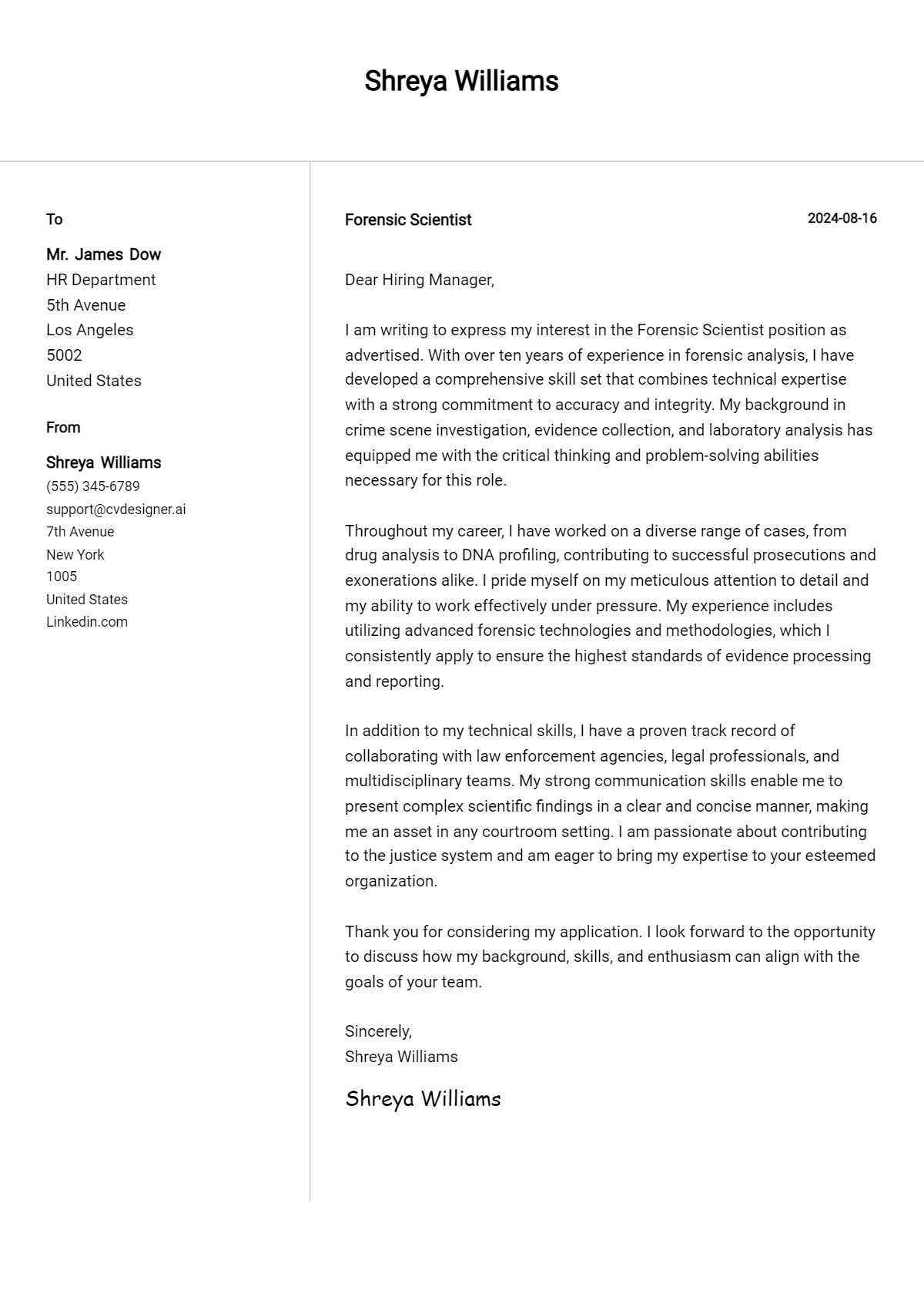 Forensic Scientist Cover Letter Examples and Templates for 2026 Preview