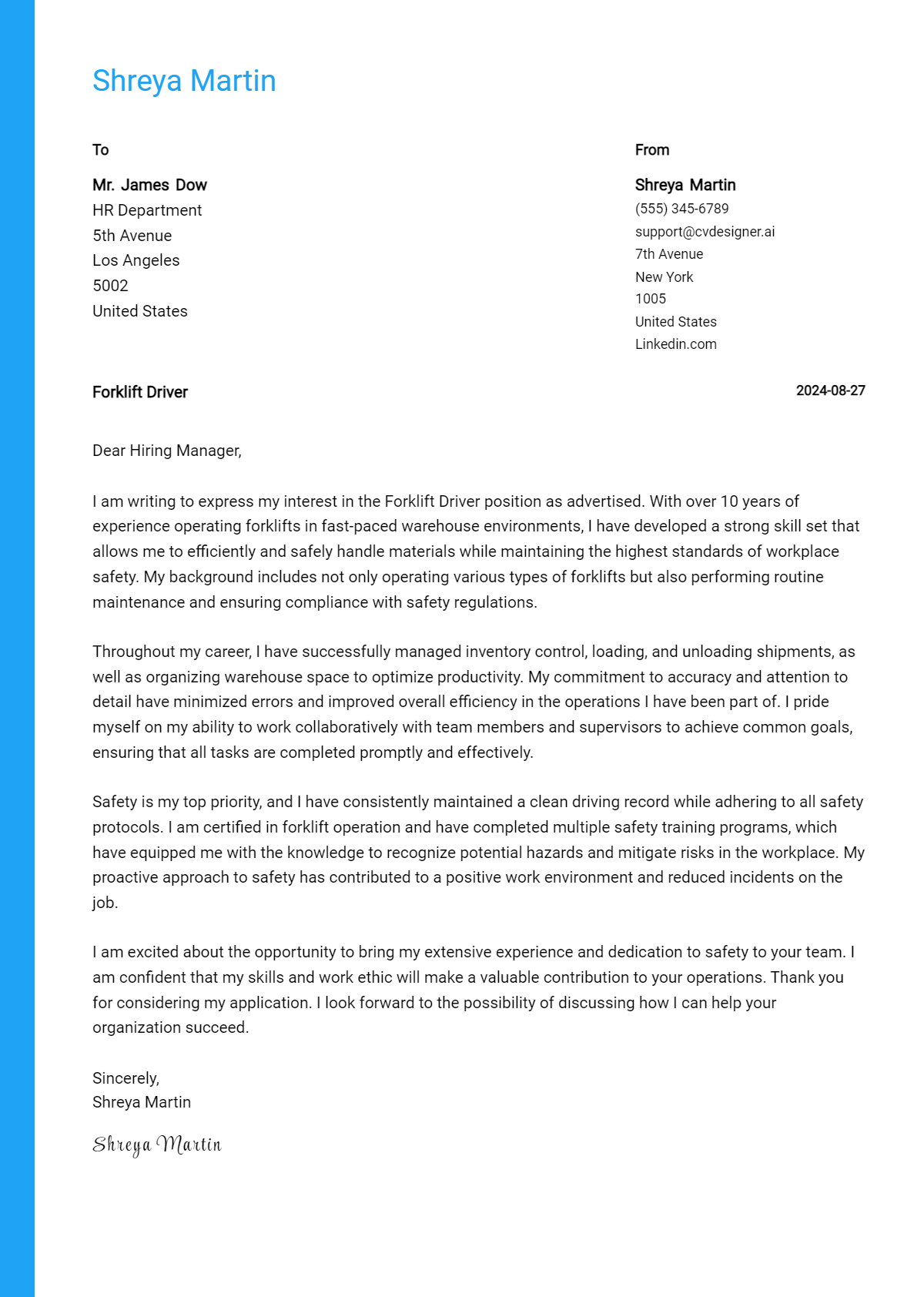 Forklift Driver Cover Letter Example for 2026 (Writing Guide) Preview