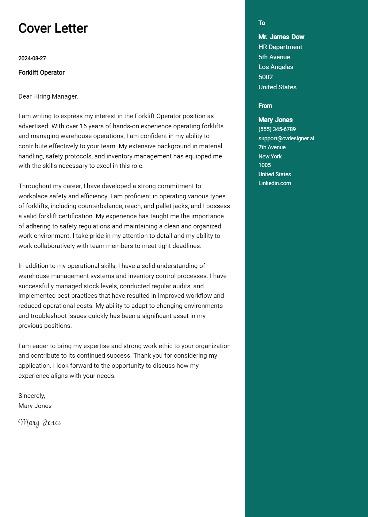Forklift Operator Cover Letter Example for 2026 (Download Templates) Preview