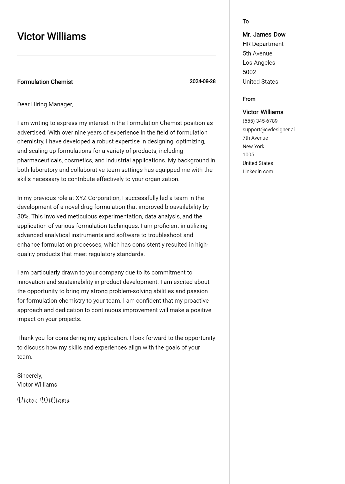 Formulation Chemist Cover Letter Example for 2026: Ultimate Guide Preview