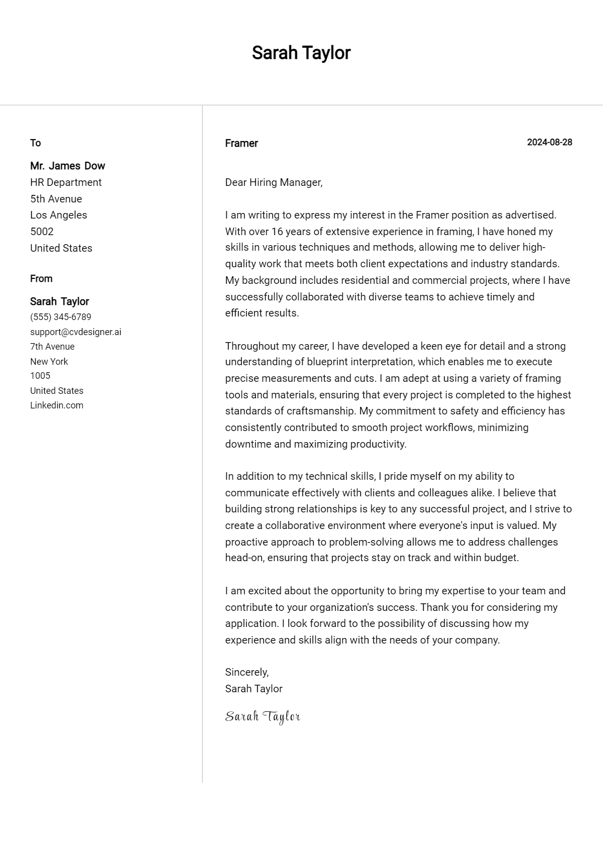 Framer Cover Letter Example for 2026: Tips & Templates Preview