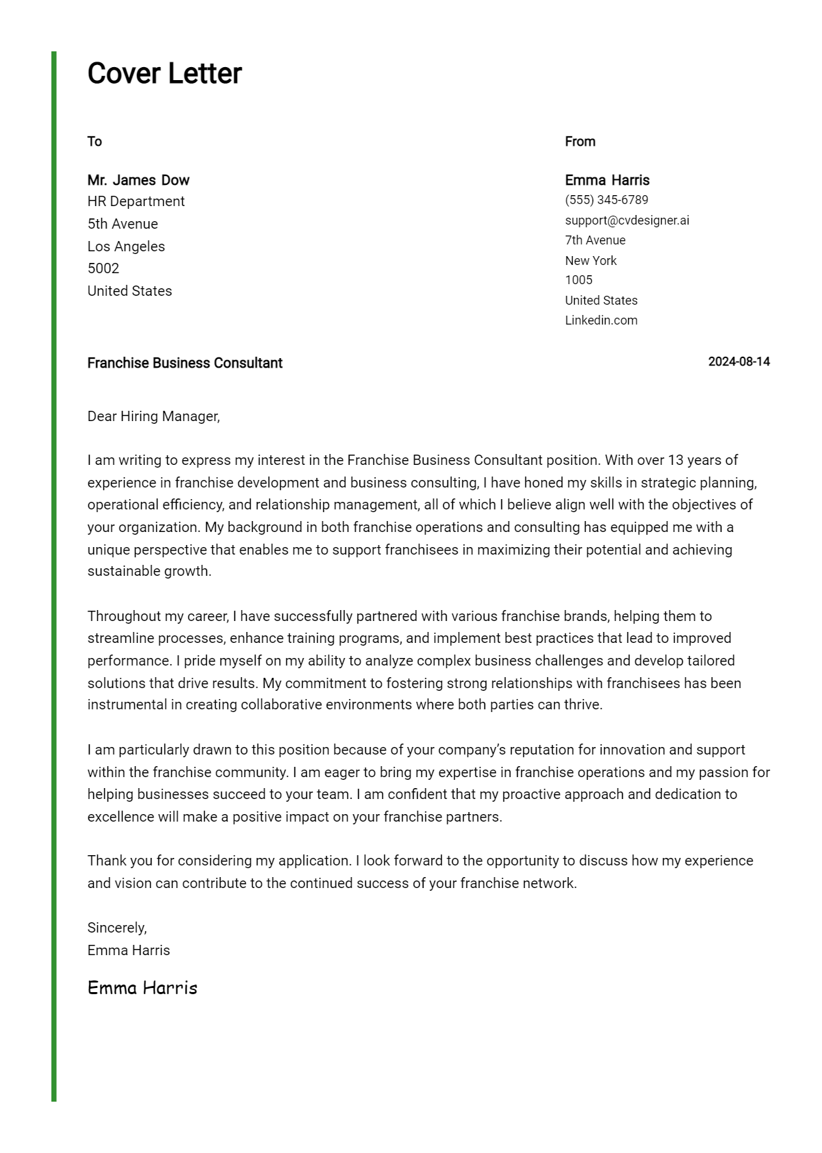 Franchise Business Consultant Cover Letter Example for 2026 (Free Templates) Preview